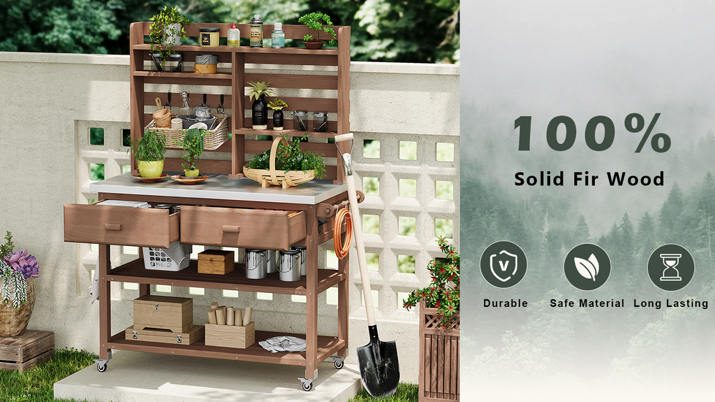 Anthony & Home outdoor potting bench with stainless steel top, featuring a sturdy frame and workspace for gardening tasks.