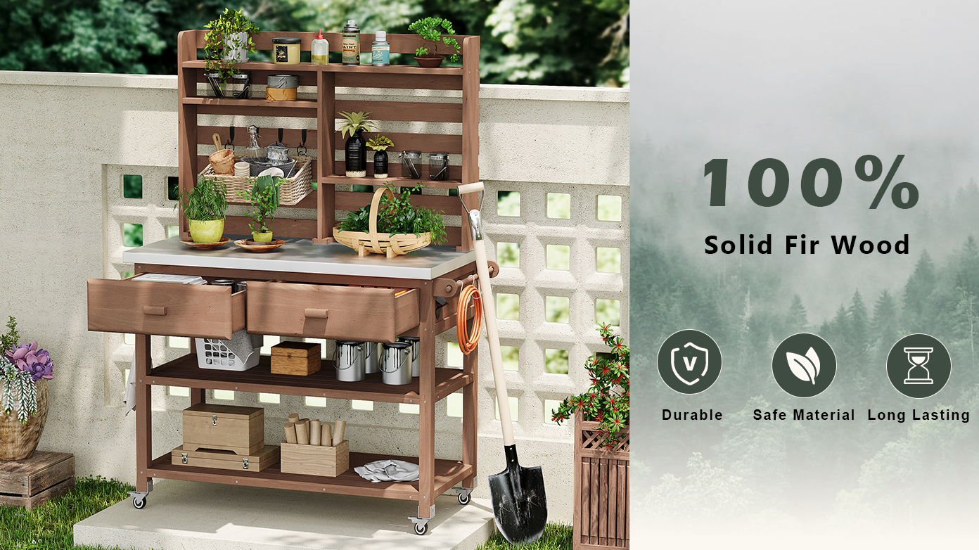 Anthony & Home outdoor potting bench with stainless steel top, featuring a sturdy frame and workspace for gardening tasks.