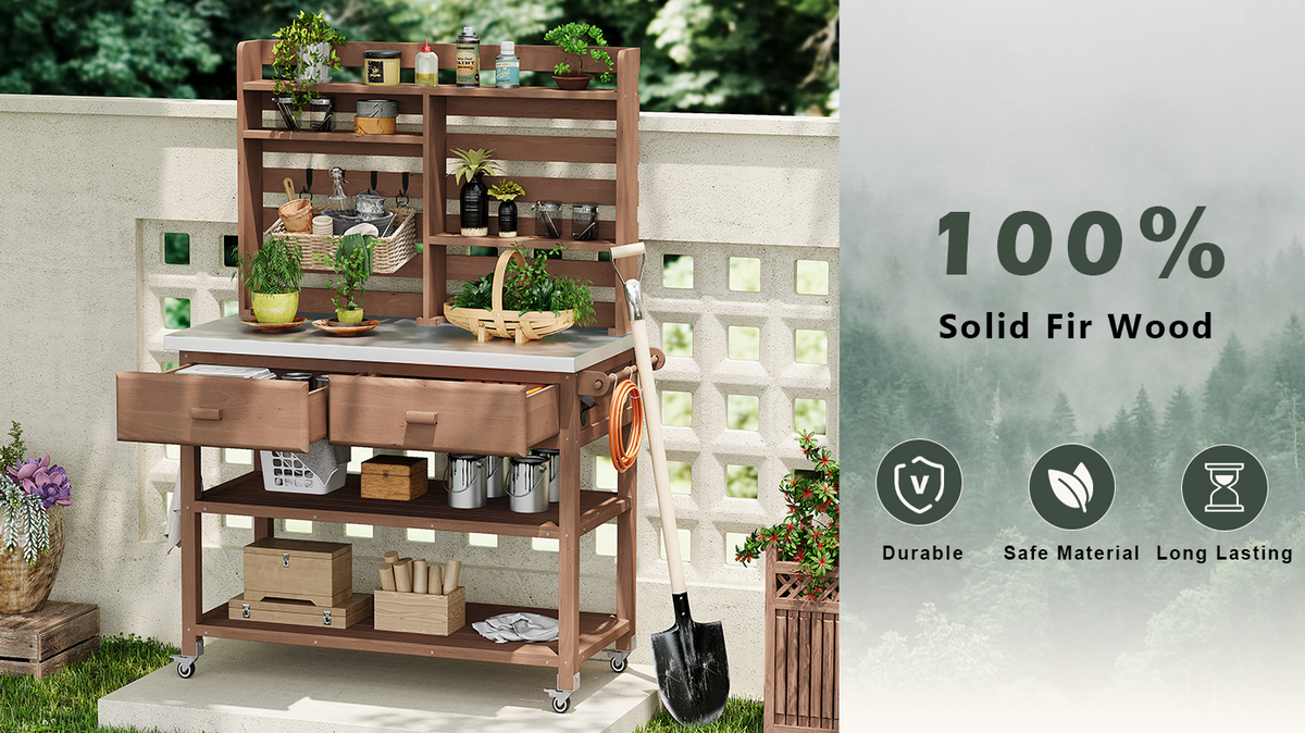 Anthony & Home outdoor potting bench with stainless steel top, featuring a sturdy frame and workspace for gardening tasks.