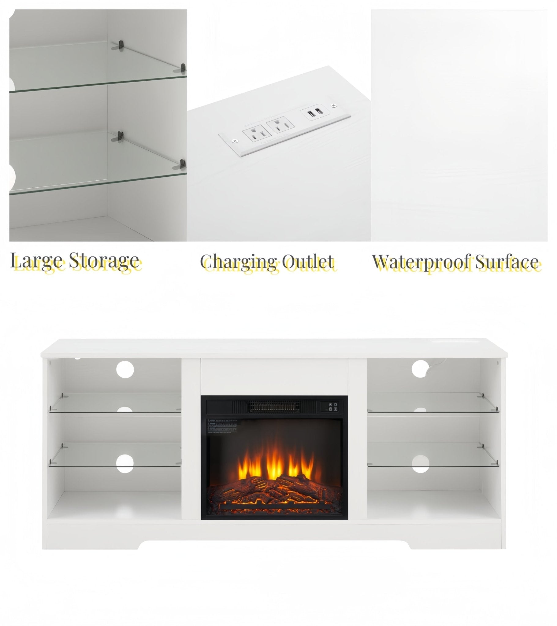 Anthony & Home electric fireplace TV stand with glass shelves, modern design, featuring a built-in fireplace and sleek storage spaces.