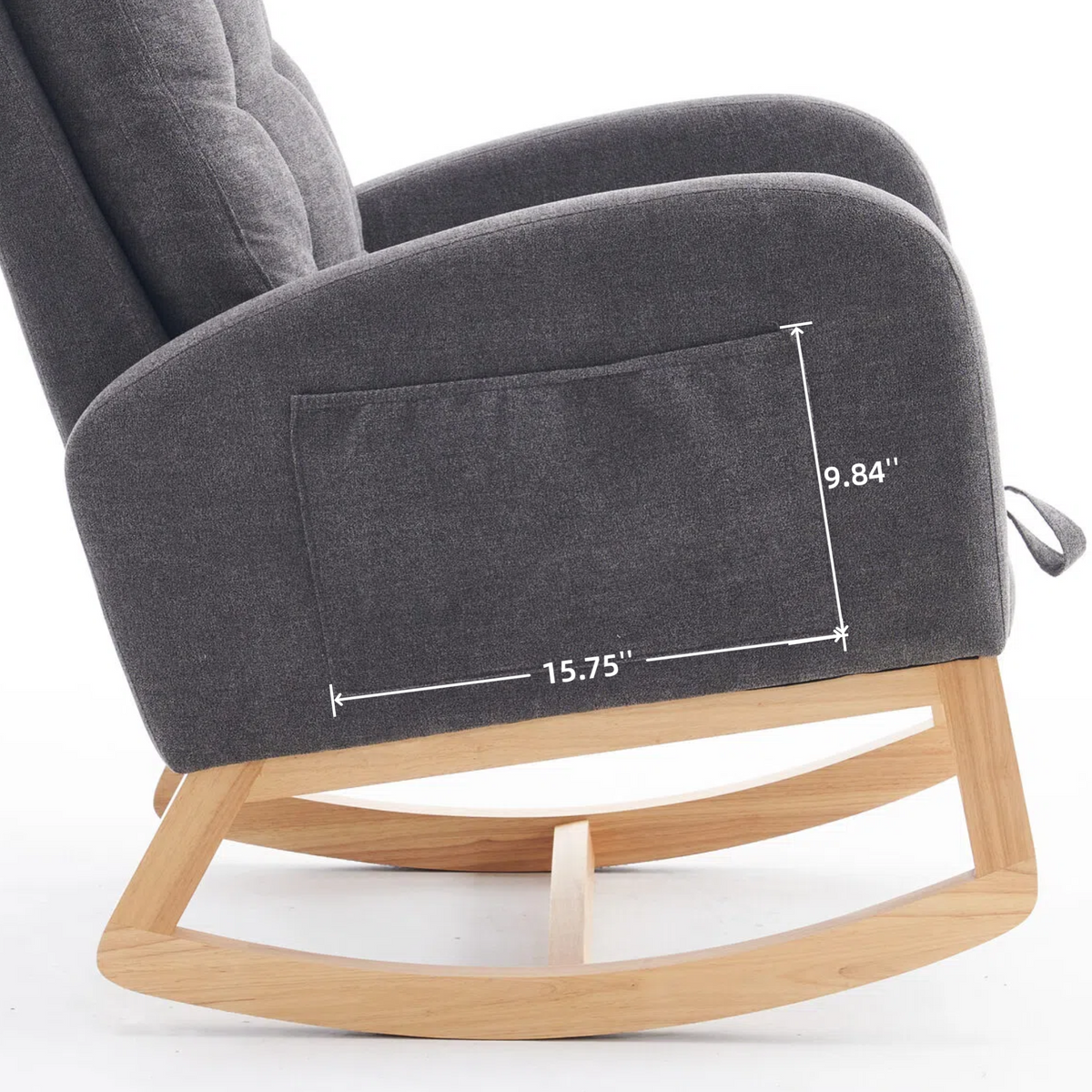 Gray Anthony & Home rocking chair with footrest, rubber wood frame, suitable for studio or living space.