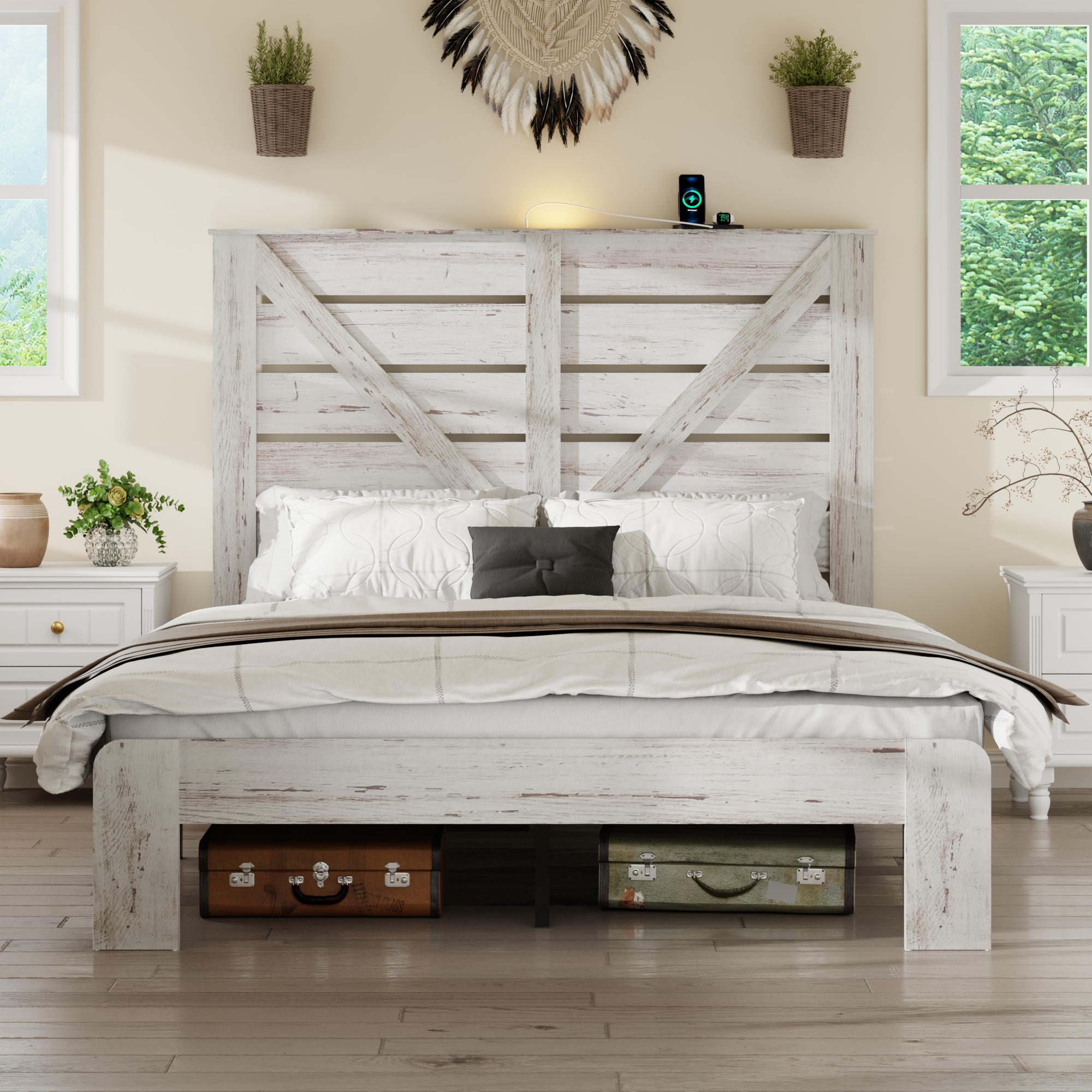 Queen Platform Bed Frame White Wood And Metal, Noise Free, No Box Spring Required, Easy Assembly Limited Edition