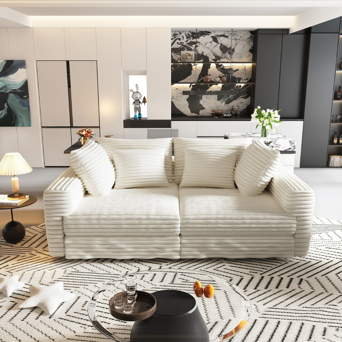 Anthony & Home Atelier Plush Corduroy 4-Seat Sofa with soft plush fabric and modern design, shown in a cozy living room setting.