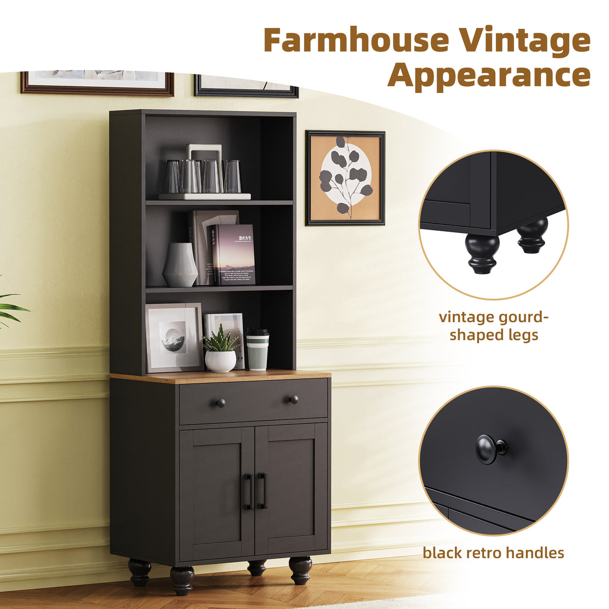 Black farmhouse storage cabinet by Anthony & Home with solid wood gourd-shaped legs, part of the Studio Collection.