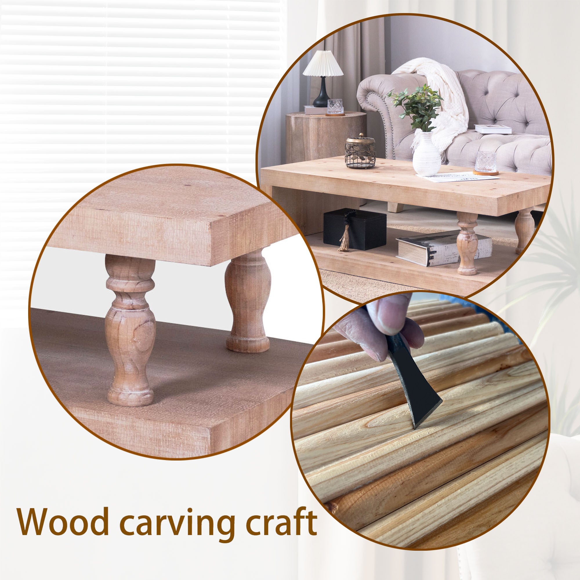 Solid wood coffee table with light natural finish and open shelf from Anthony & Home Modern Farmhouse collection.