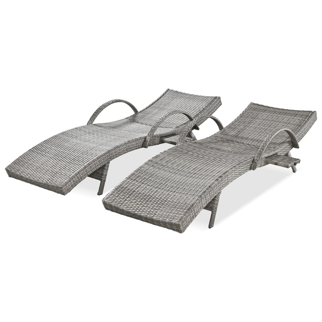 Outdoor wicker chaise lounge set with ergonomic wave design in grey by Anthony & Home, featuring comfortable, stylish patio seating.