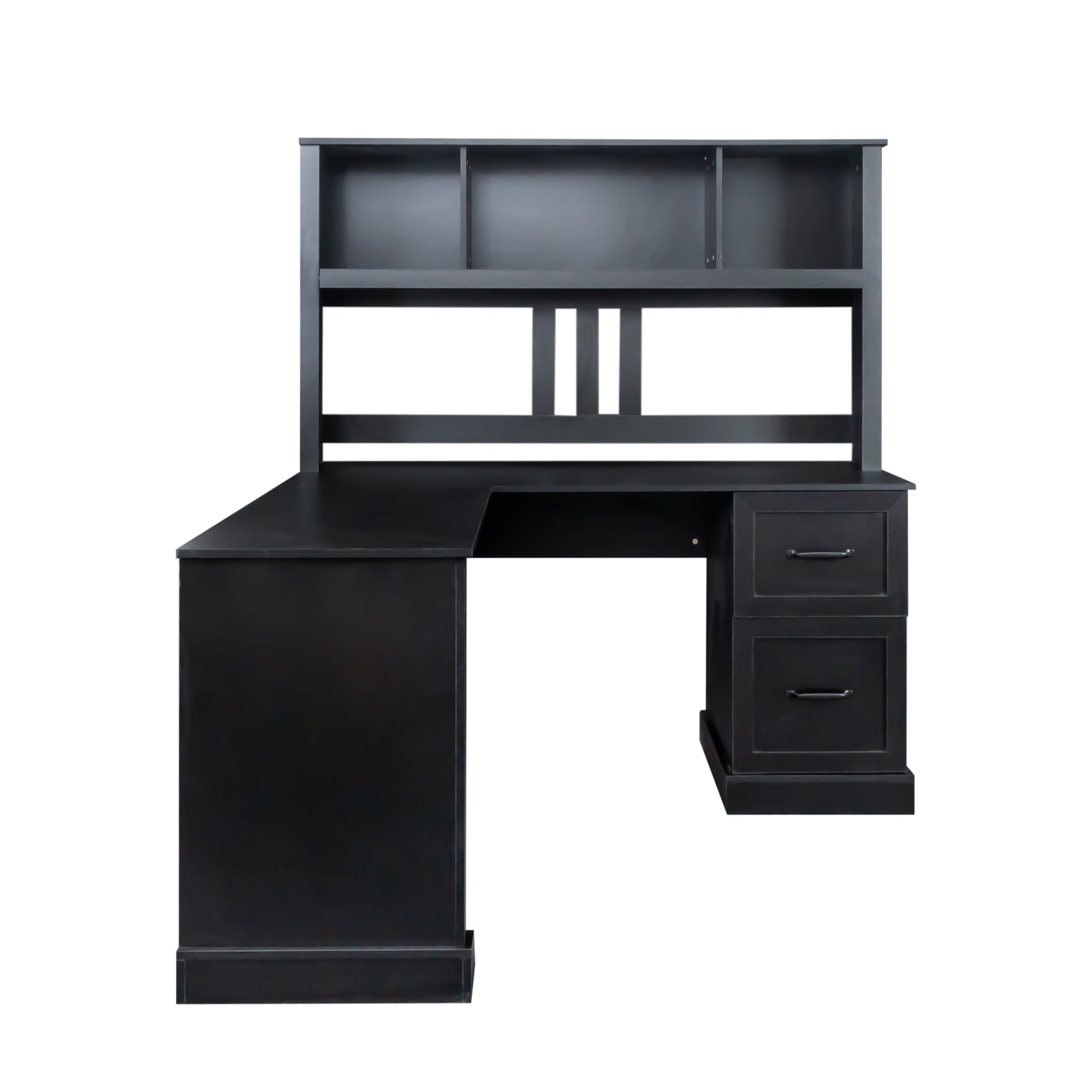 Antiqued black home office computer desk with hutch from Anthony & Home Studio Collection, featuring ample workspace and storage.
