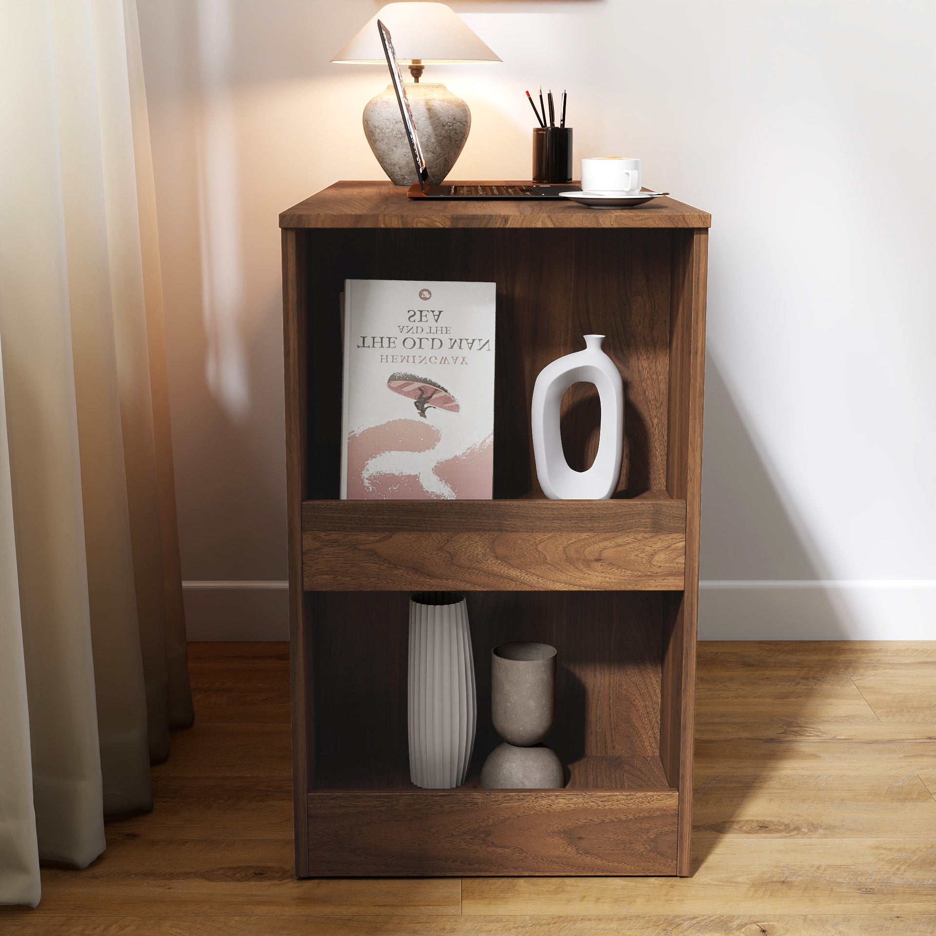 Walnut Collection limited computer desk with drawers by Anthony & Home, showcasing a sleek wooden workspace with storage drawers.