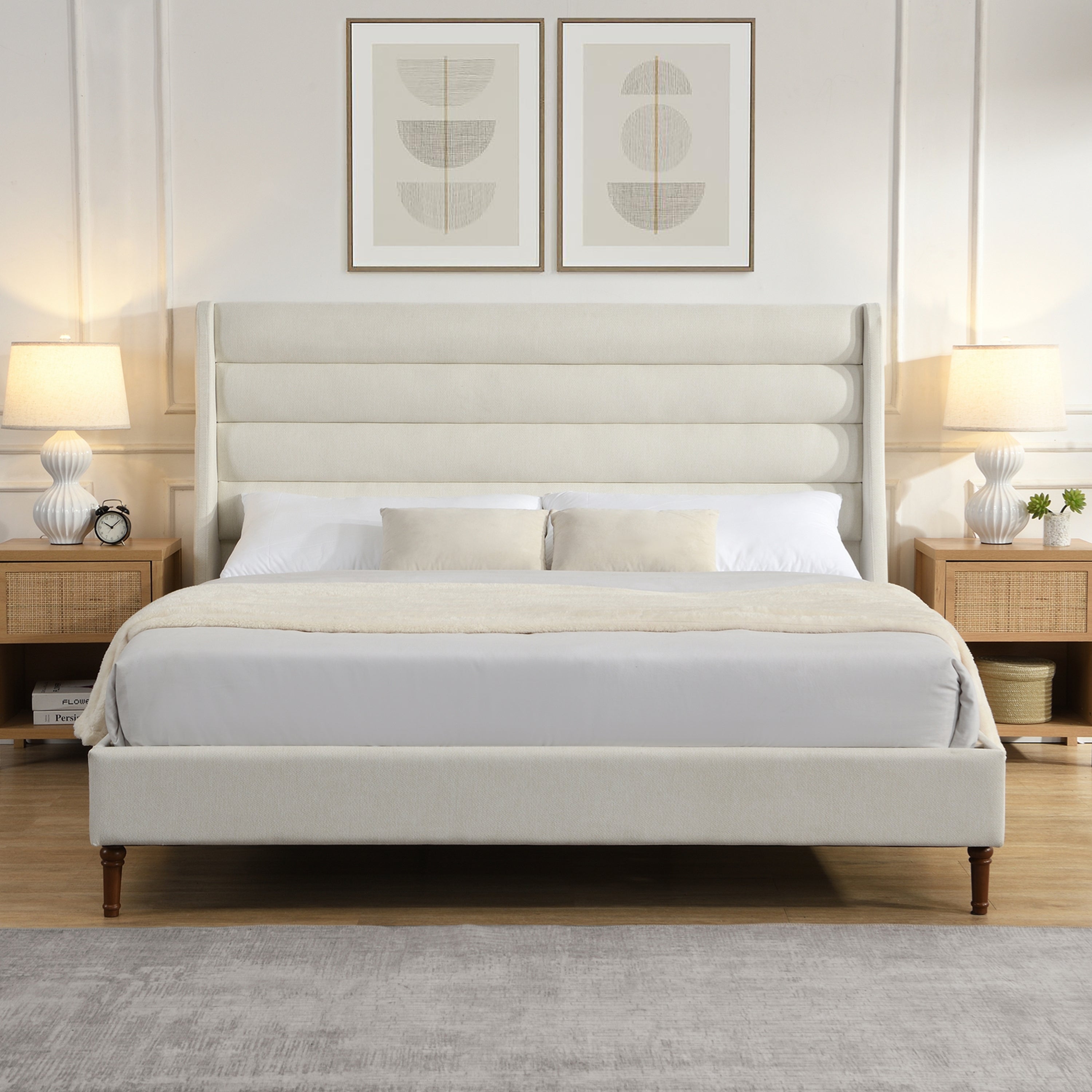 King Size Upholstered Bed Frame With Wave Headboard In Premium Chenille Ivory Exclusive Collection