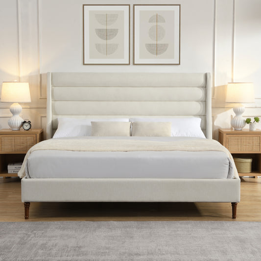 King Size Upholstered Bed Frame With Wave Headboard In Premium Chenille Ivory Exclusive Collection