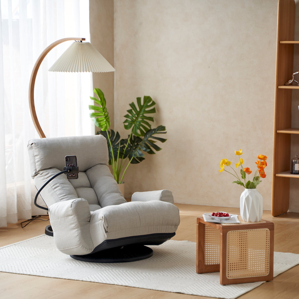Gray Anthony & Home swivel lounge chair with 360-degree rotation, featuring a modern design and comfortable cushioned seat.