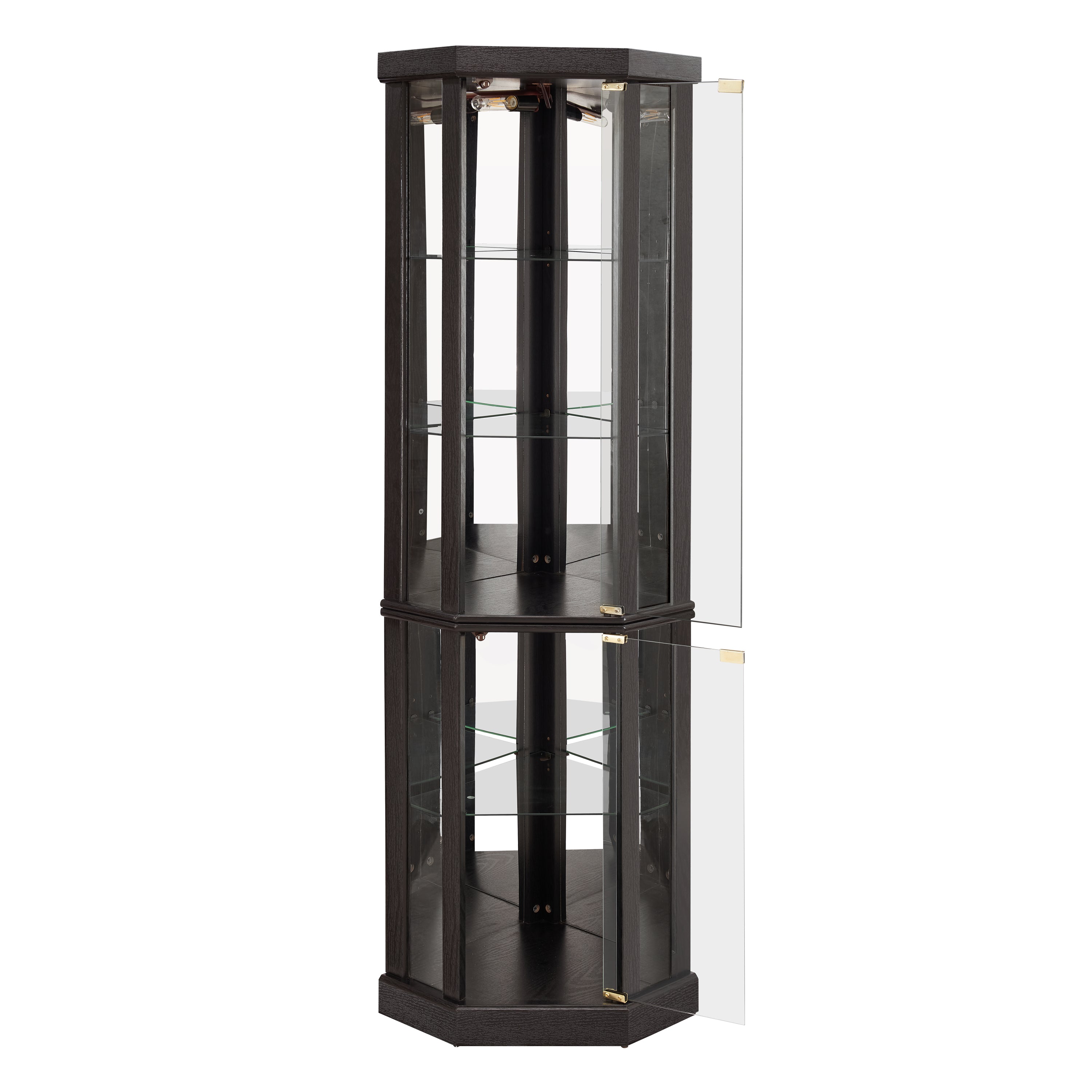Anthony & Home Heritage lighted corner curio cabinet with glass display for antiques and wine collections.