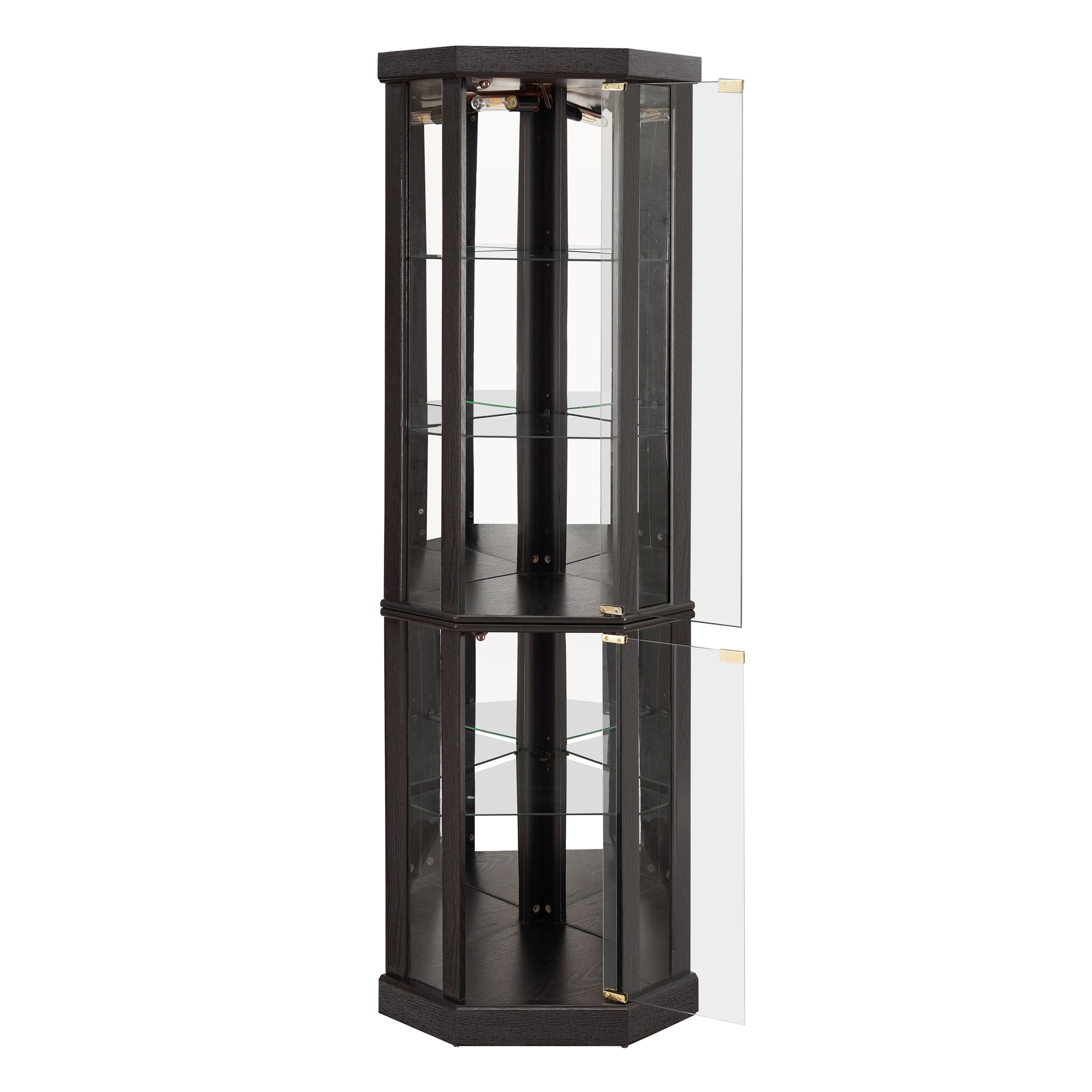 Anthony & Home Heritage lighted corner curio cabinet with glass display for antiques and wine collections.