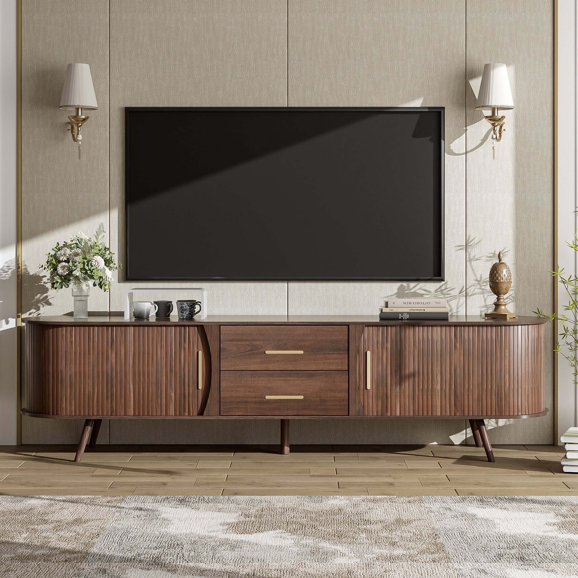 Dark brown Anthony & Home mid-century modern TV stand with storage, solid wood and MDF, designed for 80-inch TVs, dimensions 70.8x15.5x18.1 inches.