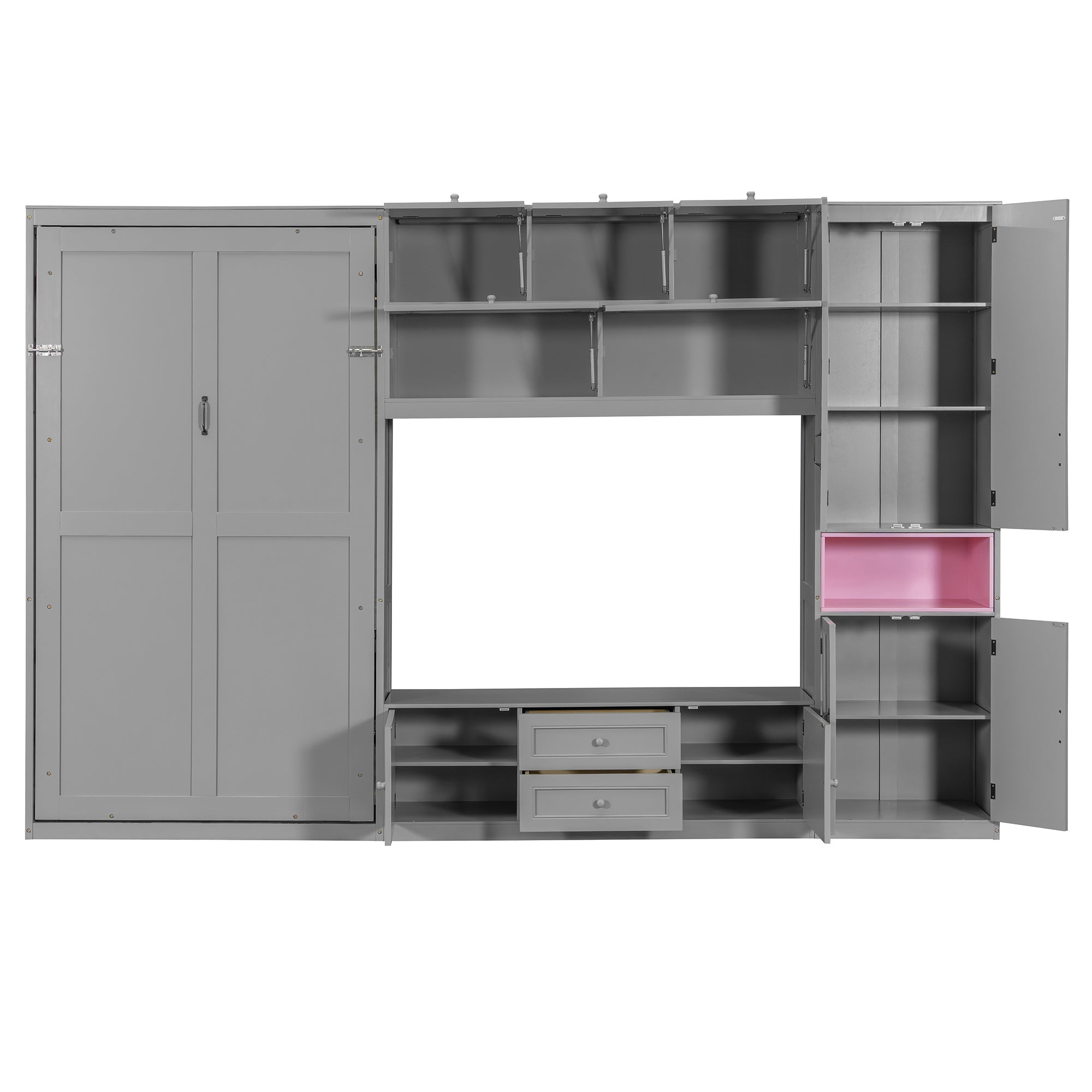 Gray solid wood Atelier Murphy Bed TV stand with drawers by Anthony & Home, featuring a modern design and integrated storage.