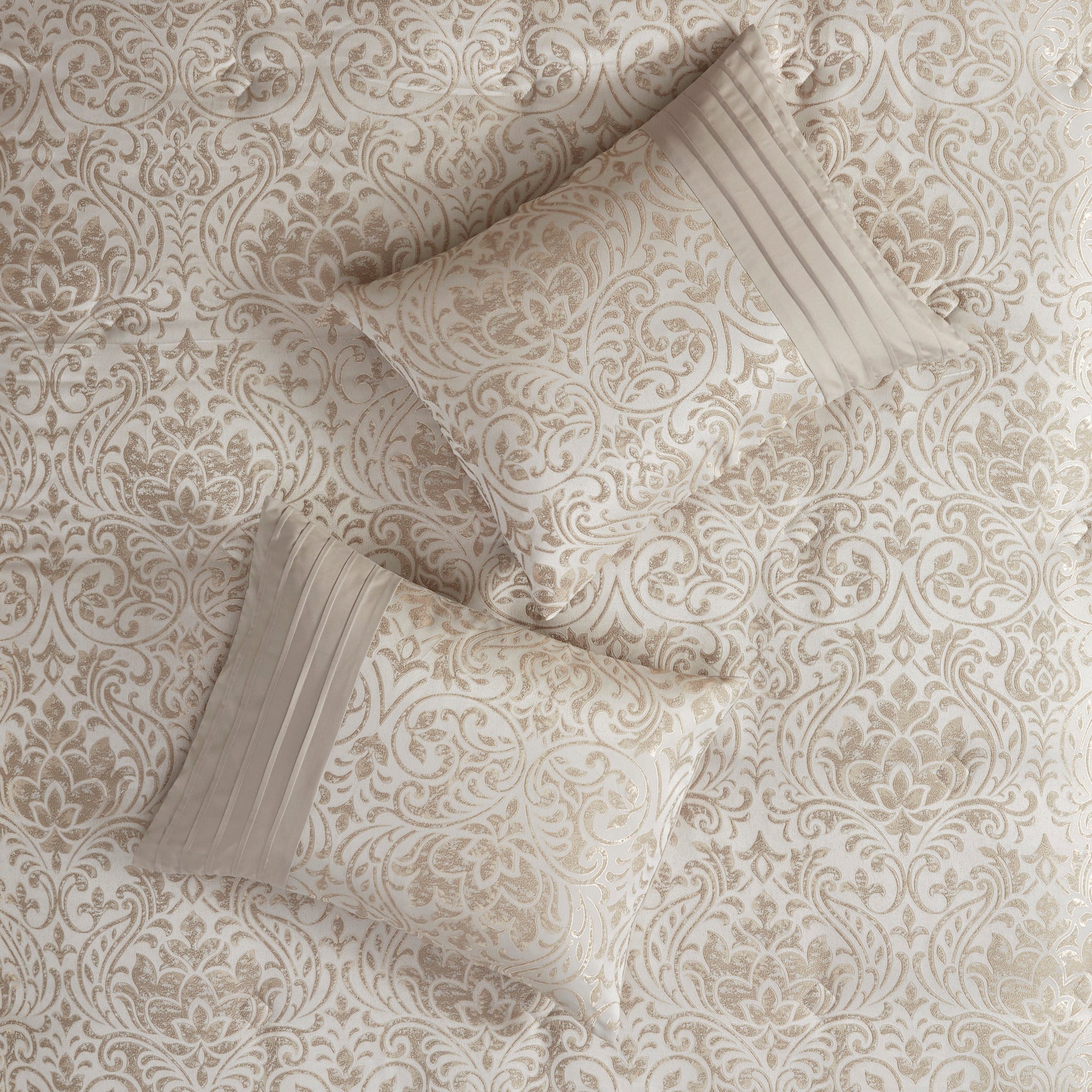 Anthony & Home Emilia Collection king comforter set featuring khaki jacquard damask pattern on soft, luxurious fabric.