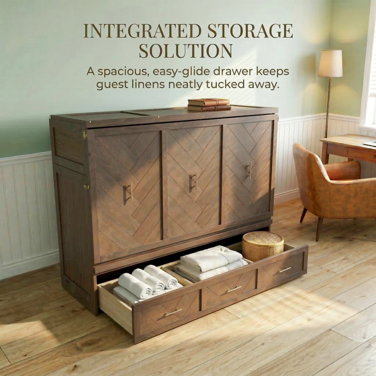 Anthony & Home Murphy Bed Studio in light walnut finish, showcasing a space-saving wall bed with sleek wood finish.