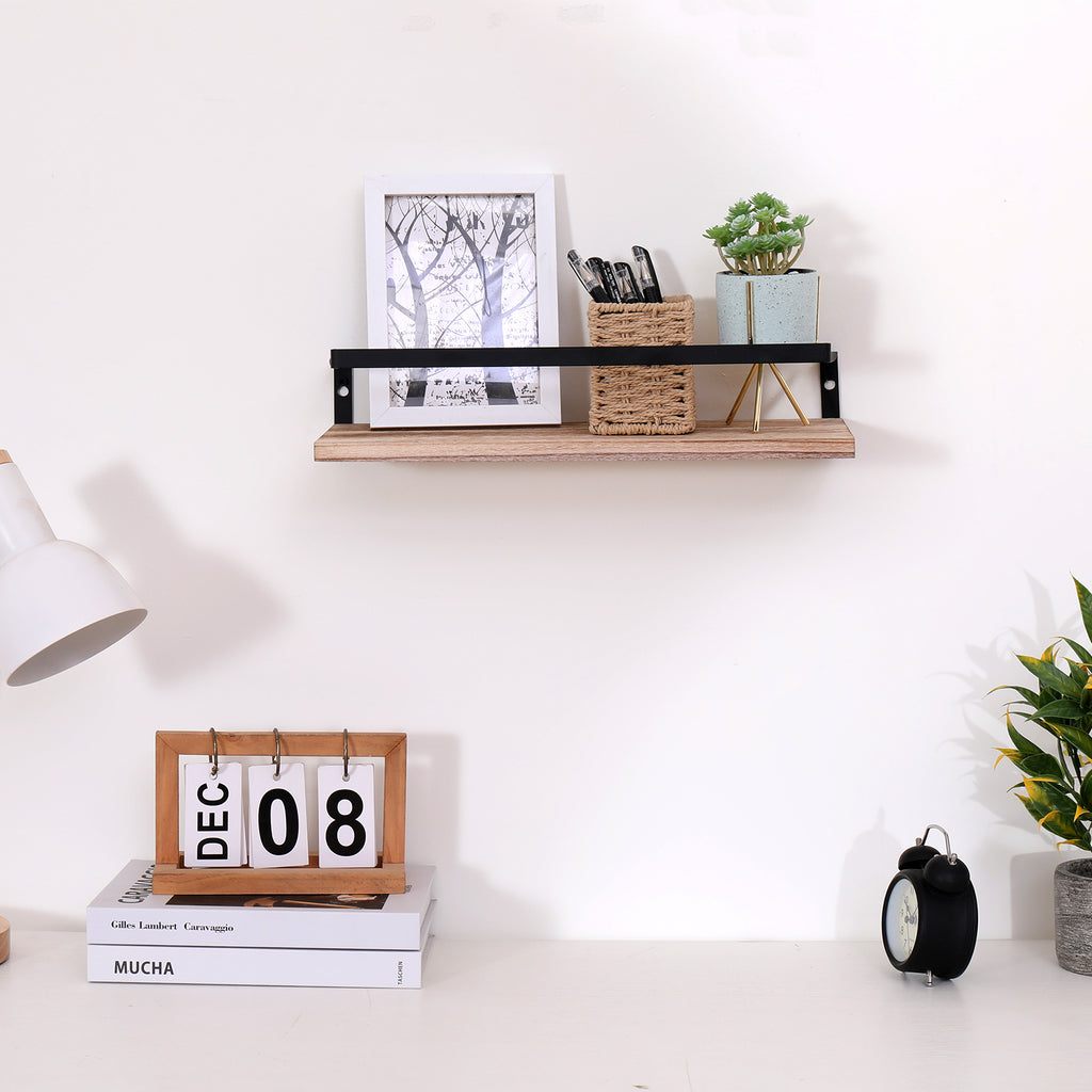 Set of 2 natural wood floating wall shelves by Anthony & Home, modern and minimalist wall-mounted storage for home decor.