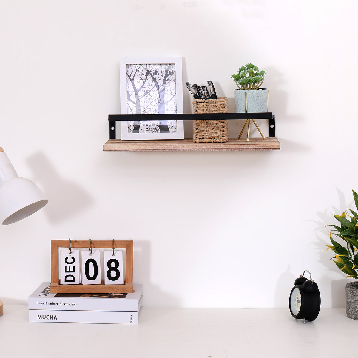 Set of 2 natural wood floating wall shelves by Anthony & Home, modern and minimalist wall-mounted storage for home decor.