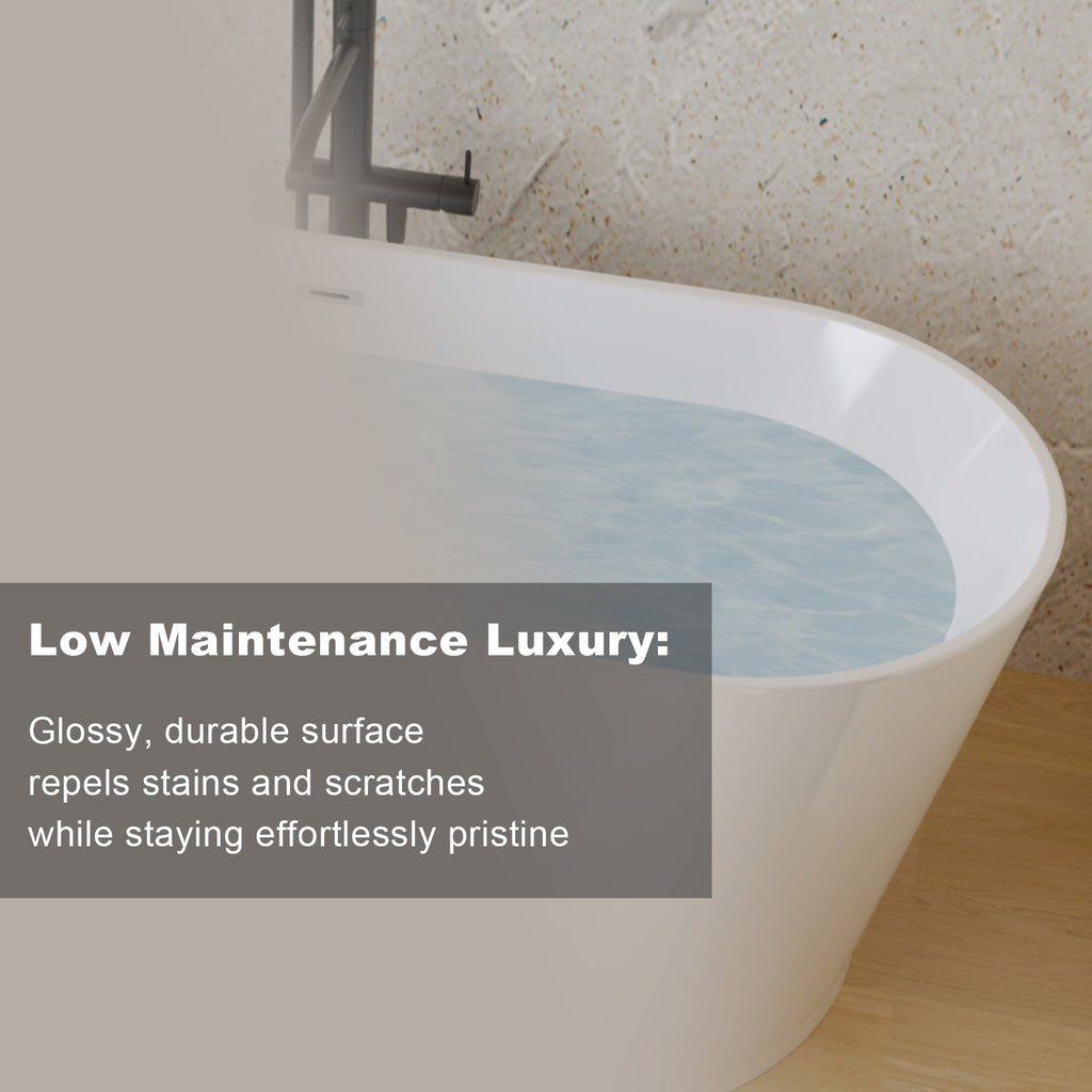 Glossy white acrylic freestanding soaking tub with ergonomic design by Anthony & Home, showcasing a sleek, modern bathroom fixture.