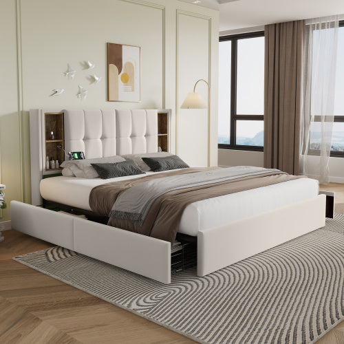 Beige Velvet Metal Bed Frame With USB C And Four Drawers