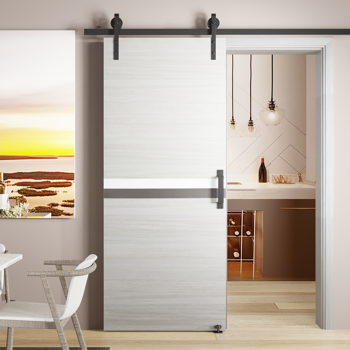 Anthony & Home Signature J-Shape barn door hardware with sliding rollers, floor guide, for 24–36 inch doors, wall-mount design