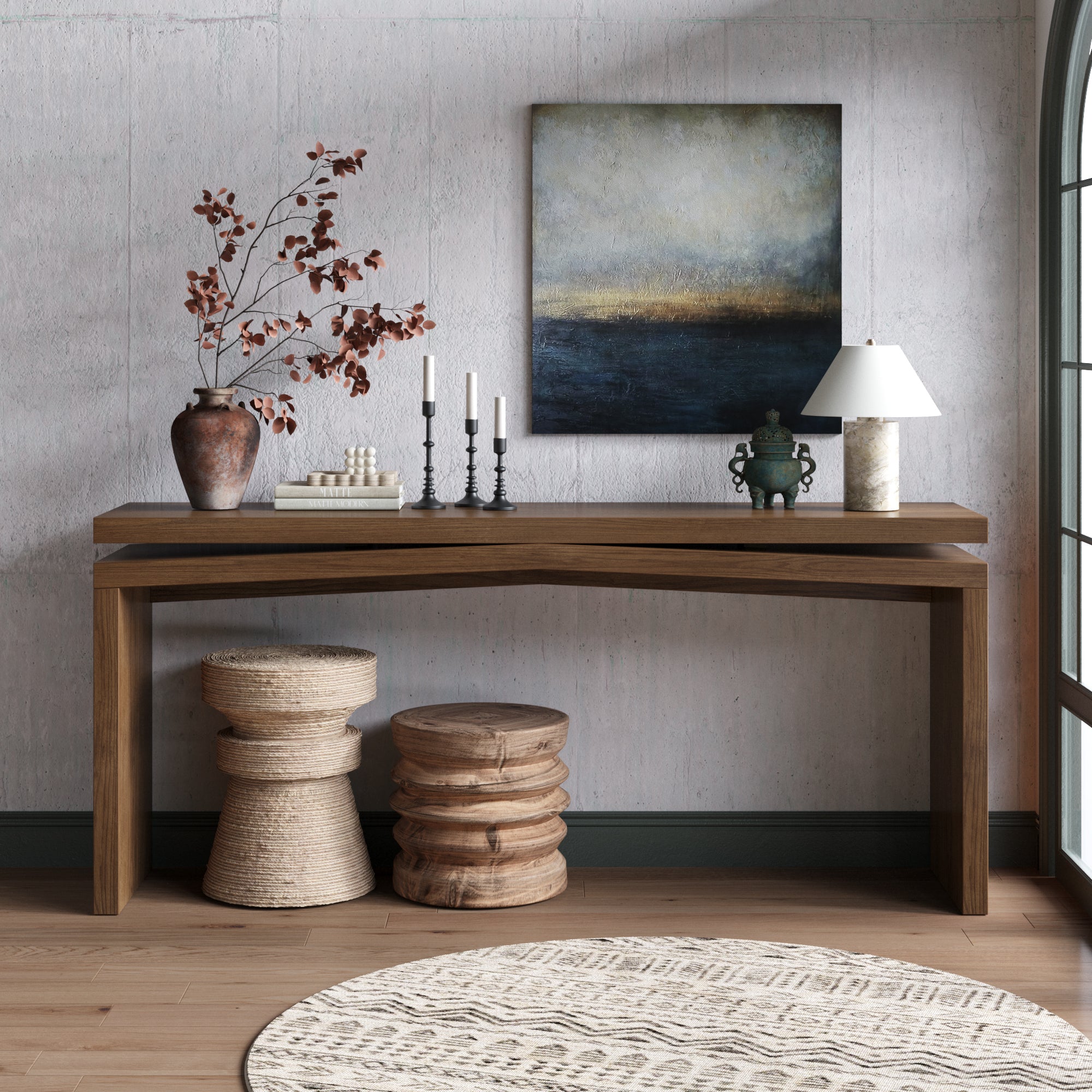 Anthony & Home 65-inch solid wood veneer console table in antique rustic brown finish, ideal for luxury entryway decor.