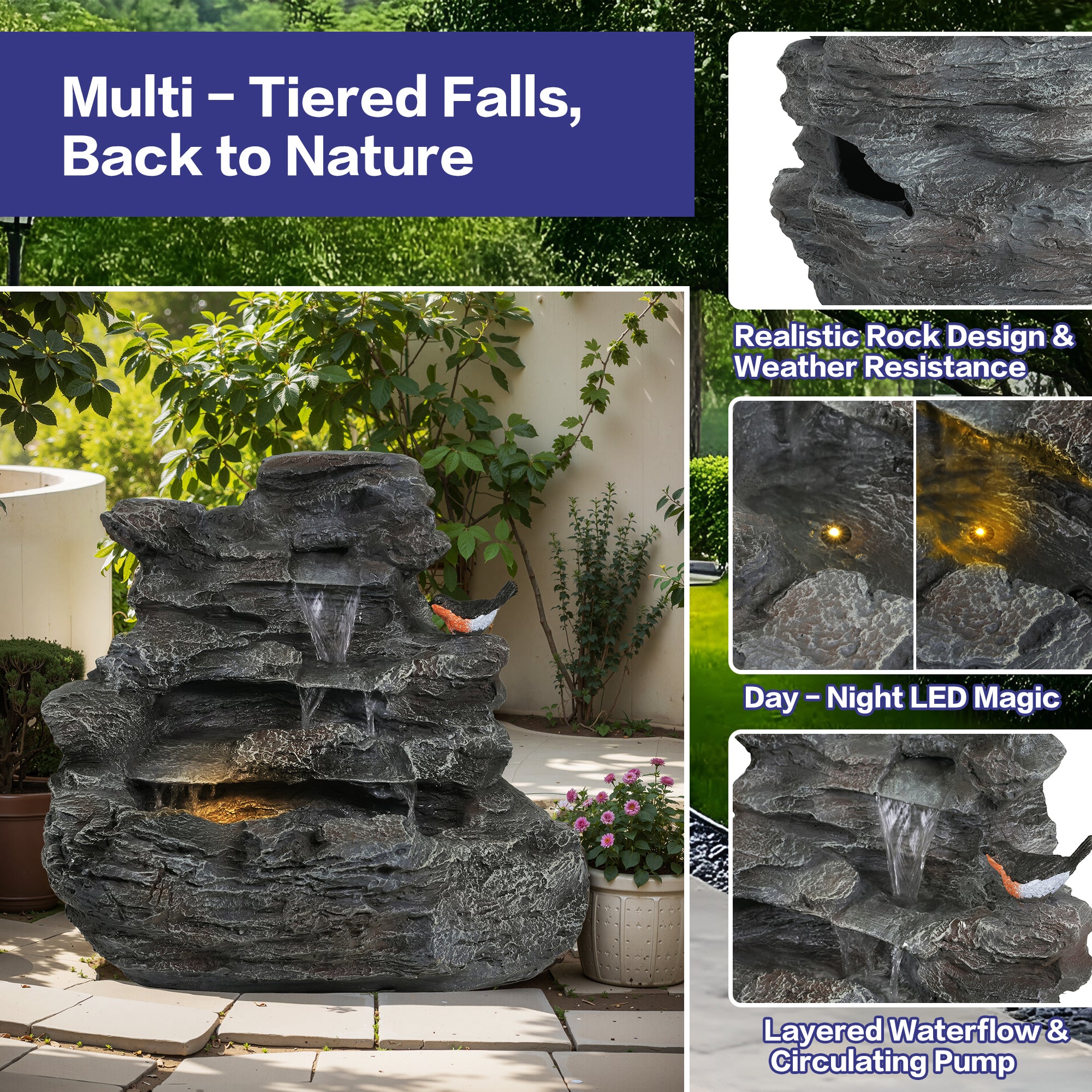 Concrete rock waterfall fountain with four tiers, featuring natural stone design from Anthony & Home for outdoor garden decoration.