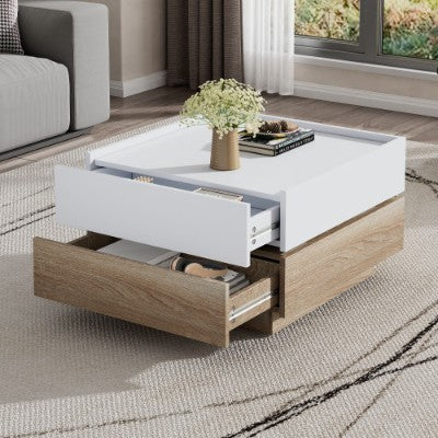Square 360 Rotating Coffee Table With 2 Drawers, Wooden 2-Tier Center Table With Swivel Tabletop And Storage, Tea Table , Oak Table Frame Side Table For Living Room