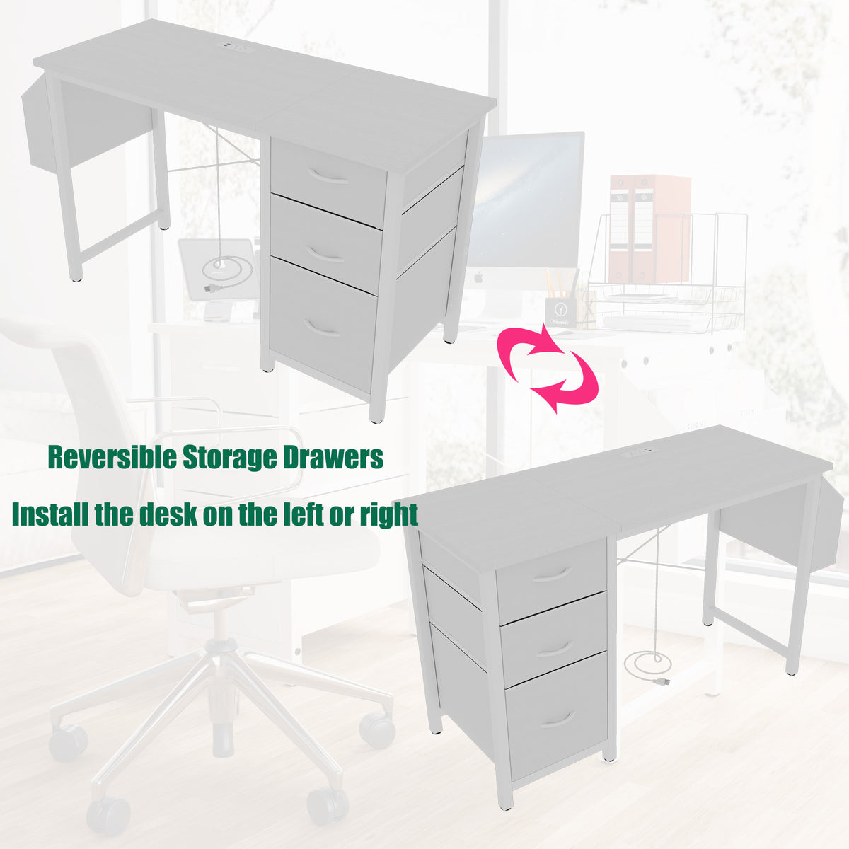 Anthony & Home studio white lacquer office desk with power outlet, three drawers, reversible frame, and easy assembly.