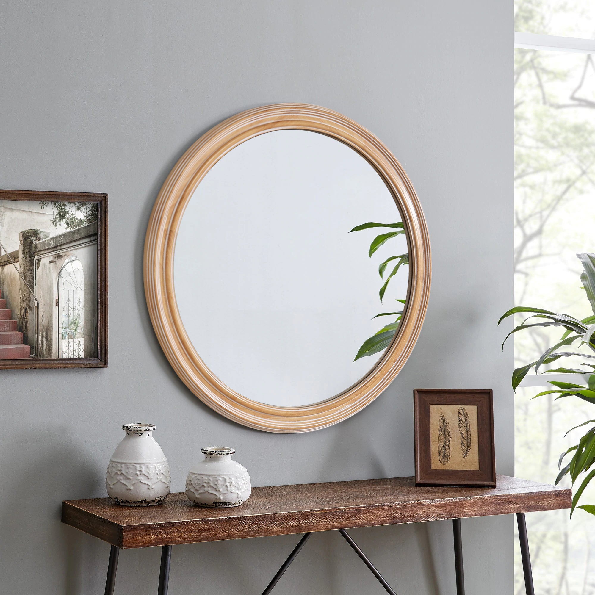 Antique whitewash wood and metal round wall mirror, 27.56 inches, from Anthony & Home Heritage Collection, featuring a vintage design.