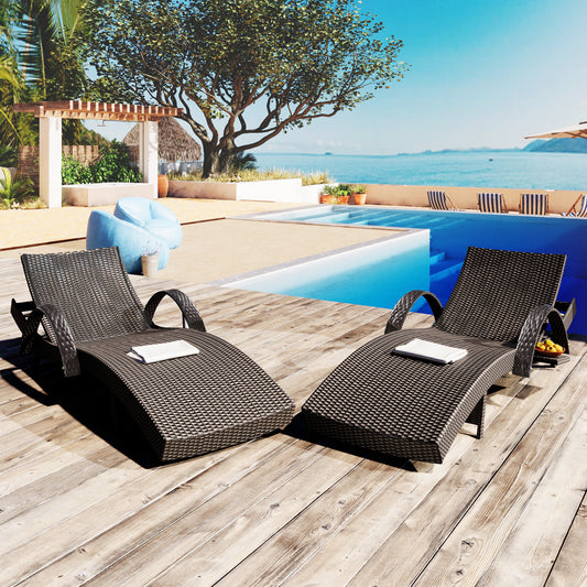Anthony & Home outdoor wicker chaise lounges set with pull-out side table, adjustable backrest, dark brown finish, and comfortable cushions