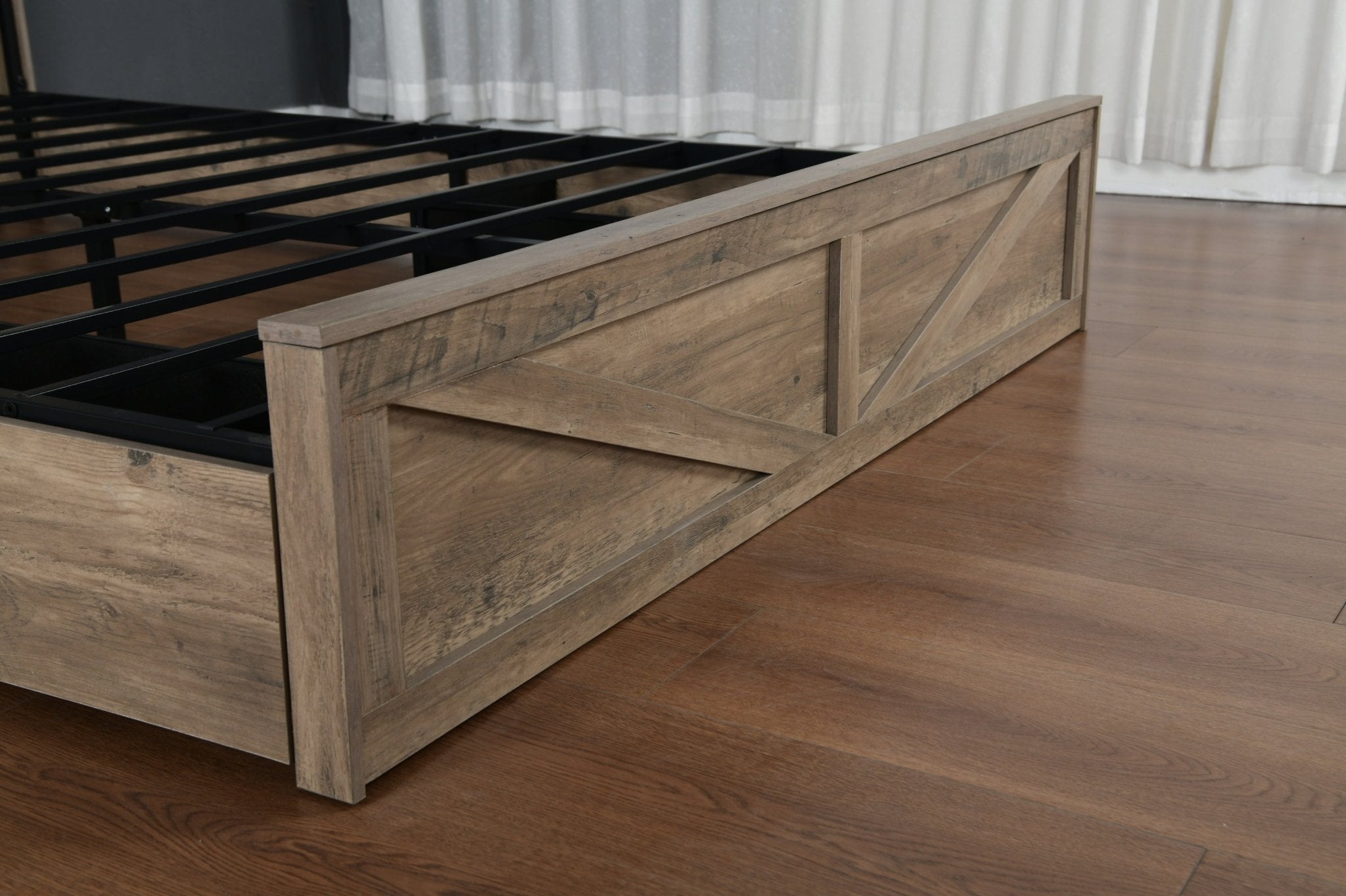 Anthony & Home farmhouse queen bed frame in grey with rustic wood finish, LED lighting, charging station, and storage drawers.