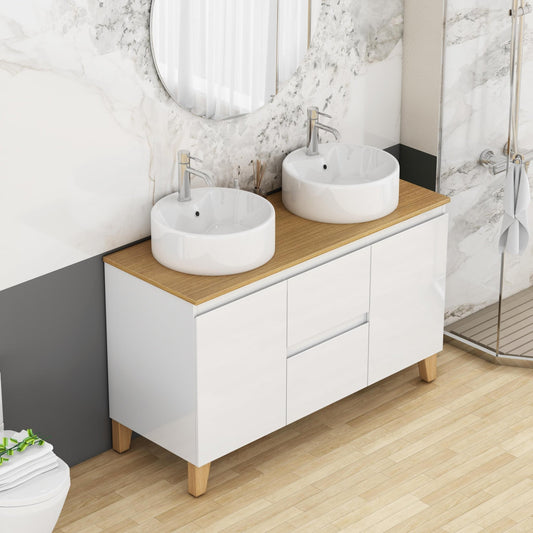 Anthony & Home Signature solid wood top double basin vanity with glossy white finish and modern design, featuring two spacious sinks.