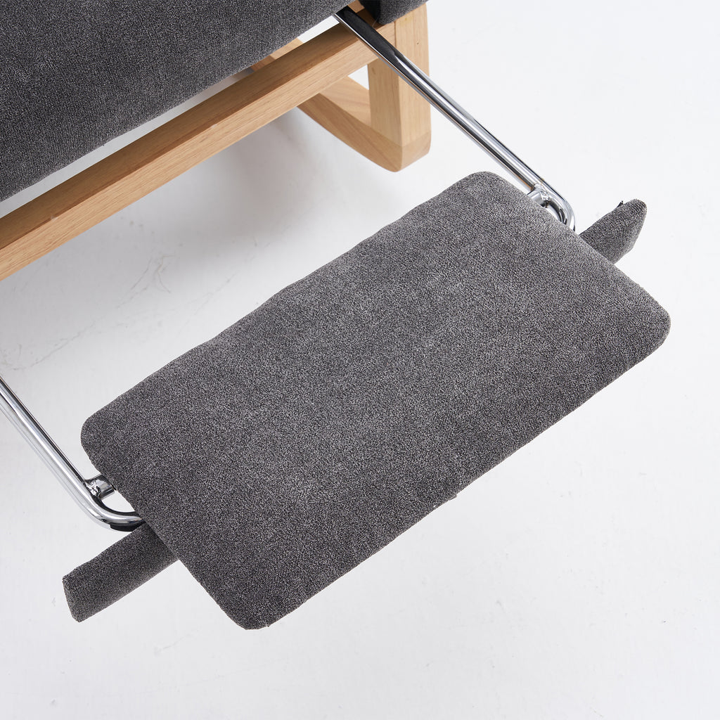 Gray Anthony & Home rocking chair with footrest, rubber wood frame, ideal for studio relaxation and stylish seating.