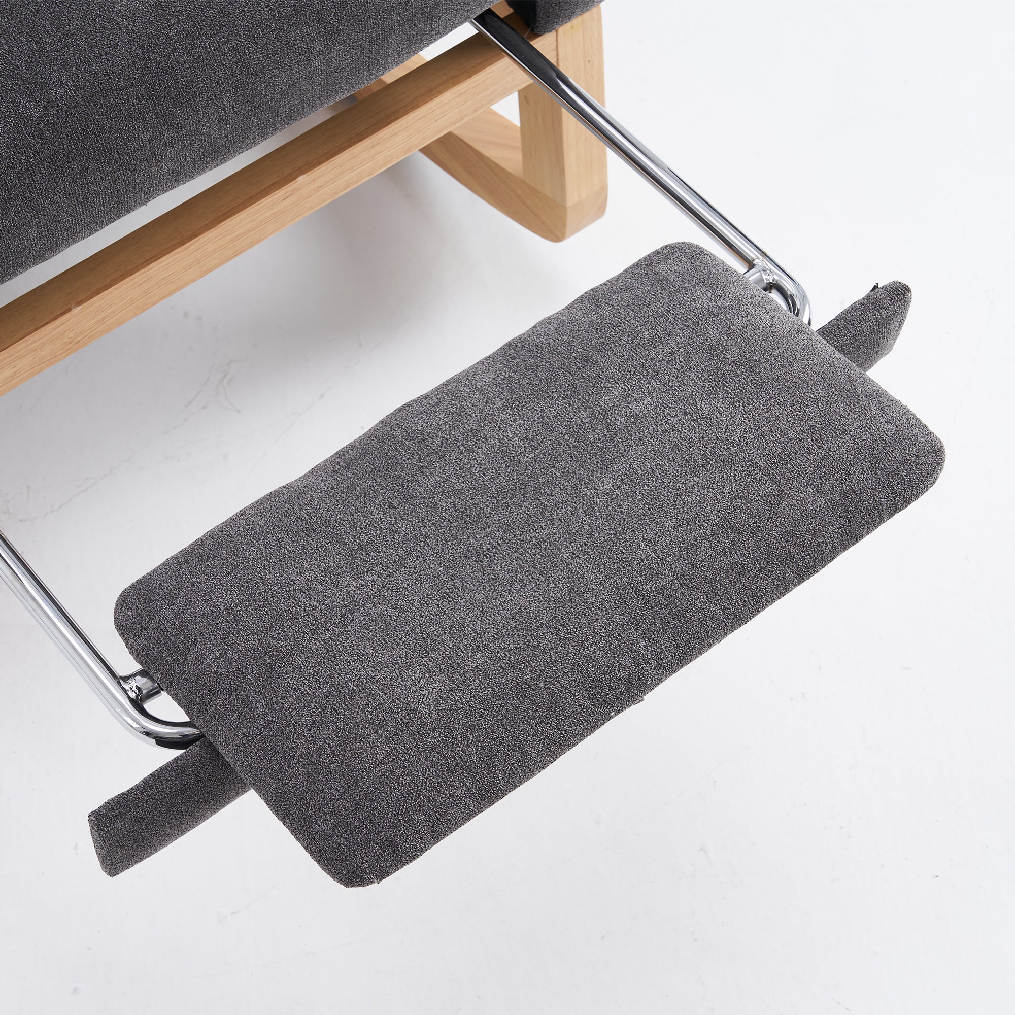 Gray Anthony & Home rocking chair with footrest, rubber wood frame, ideal for studio relaxation and stylish seating.