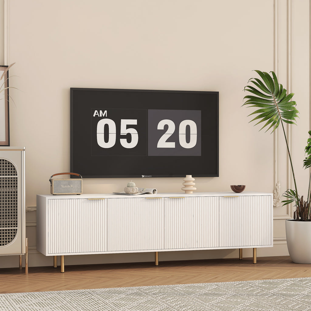 White Fluted Modern TV Stand With Storage Doors 68 Inch
