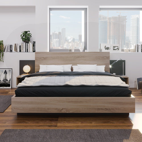 Oak Sonoma Dark Gray Wooden Double Bed With Two Nightstands