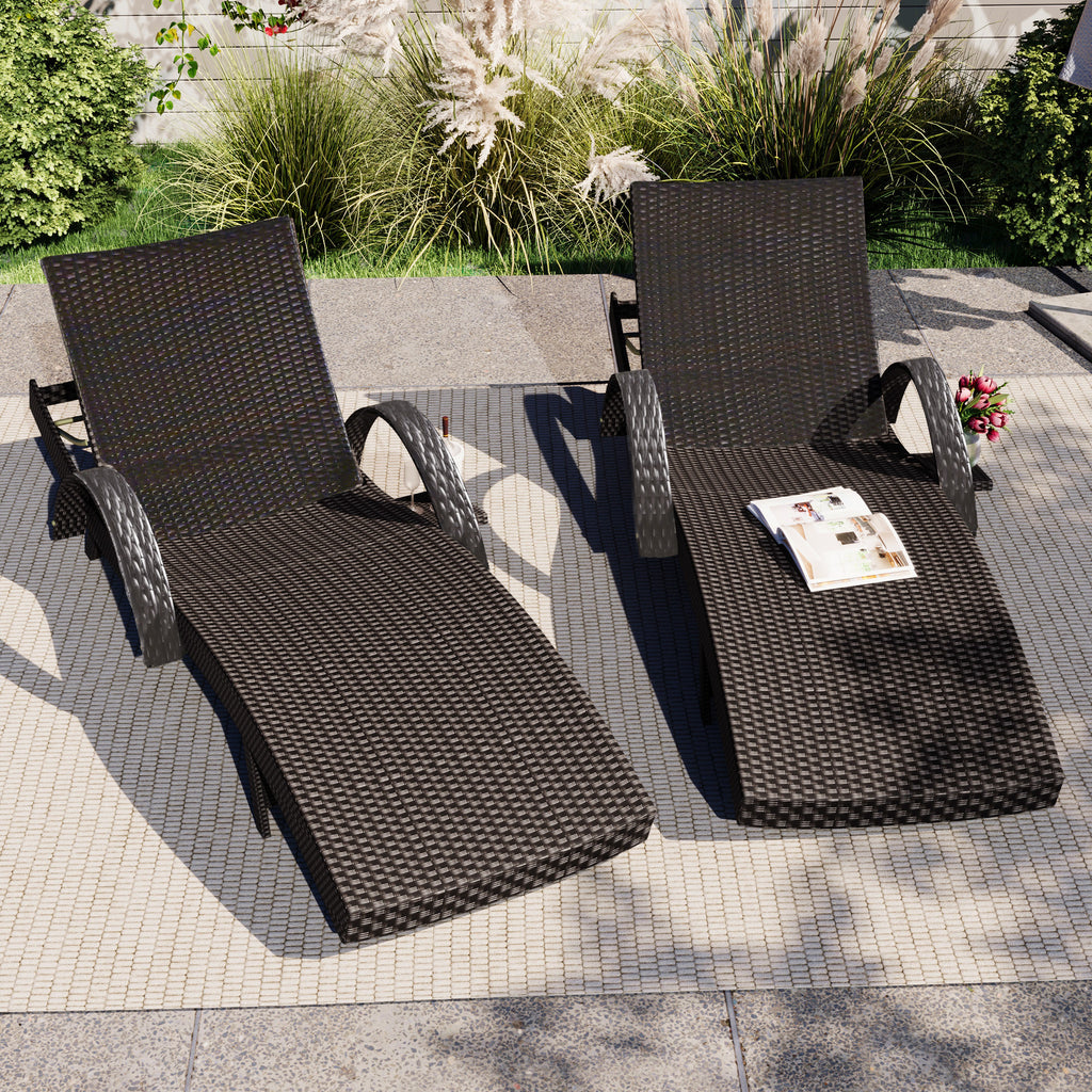 Anthony & Home outdoor wicker chaise lounges set with dark brown finish, adjustable backrests, side table, and comfortable cushions