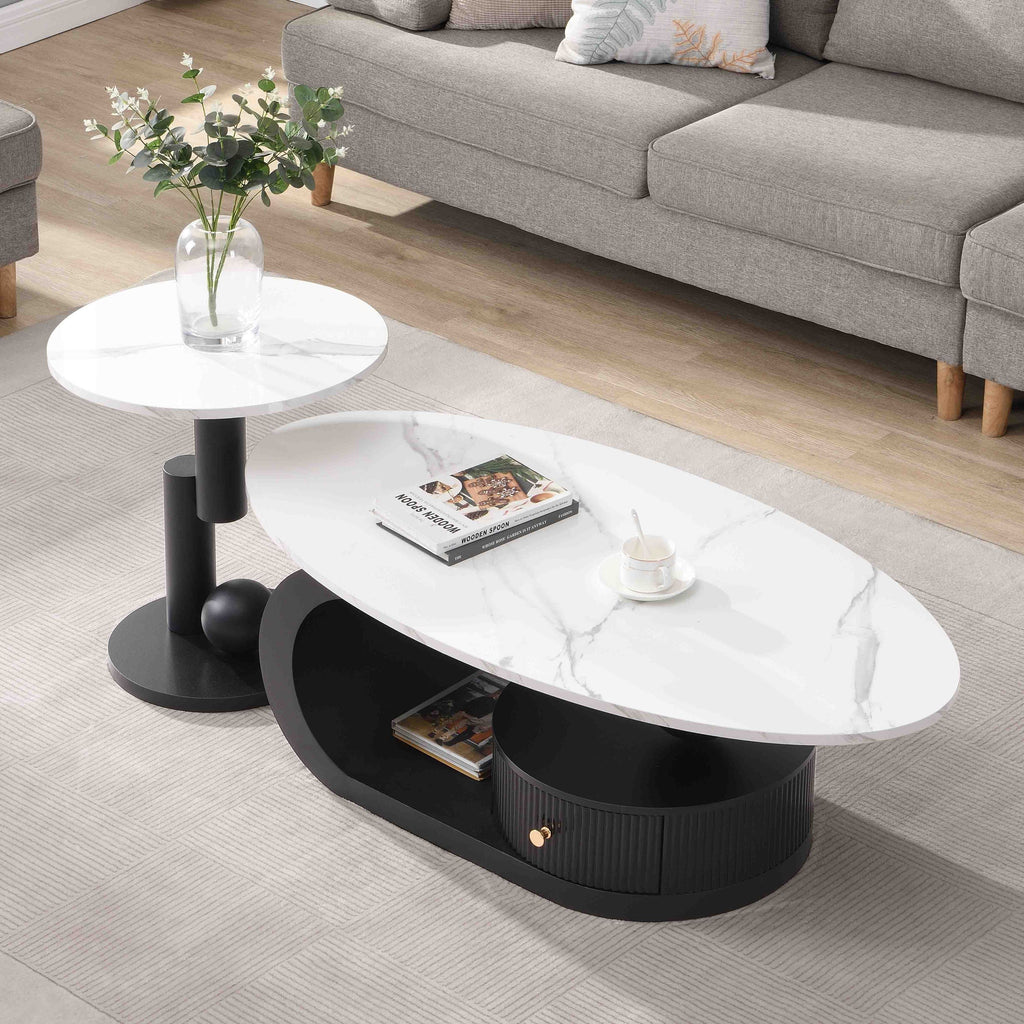 Oval and round nesting coffee tables by Anthony & Home, set of two with sleek wooden surfaces and modern design.