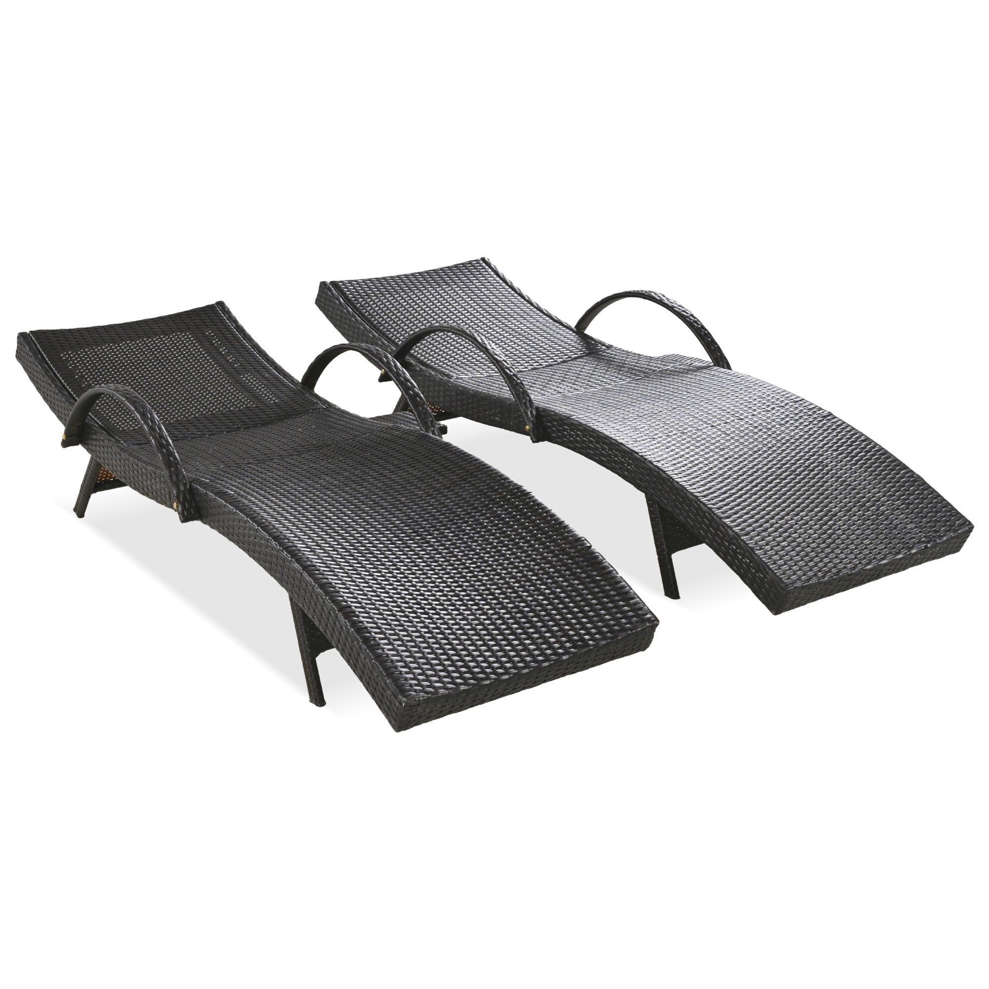 Anthony & Home outdoor wicker chaise lounges set with pull-out side table and 5-level adjustable backrest in dark brown wicker.