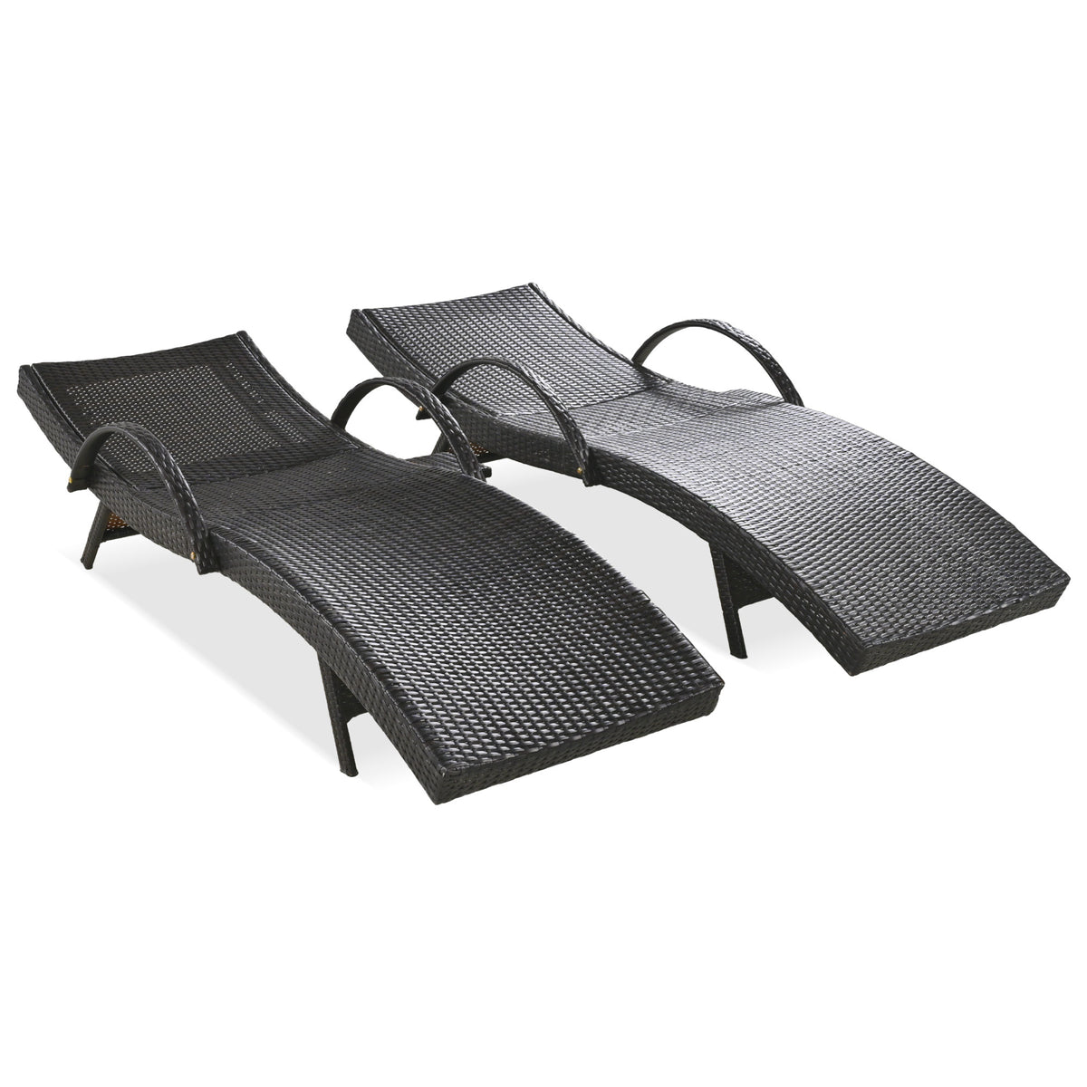 Anthony & Home outdoor wicker chaise lounges set with pull-out side table and 5-level adjustable backrest in dark brown wicker.