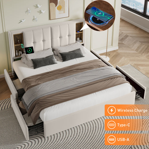 Beige Velvet Metal Bed Frame With USB C And Four Drawers