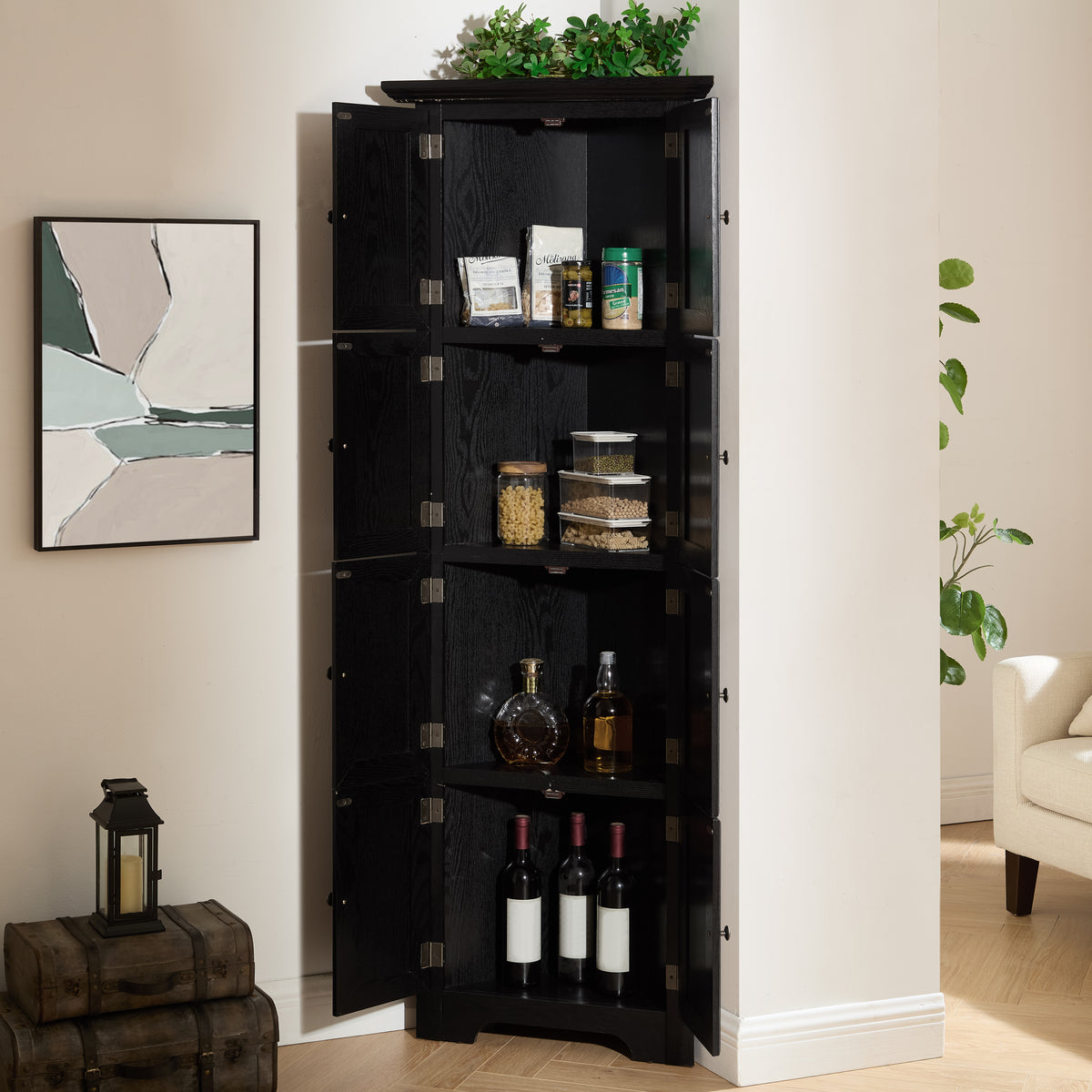 Corner pantry cabinet in matte black finish from Anthony & Home's Studio Collection, featuring storage shelves and modern design.