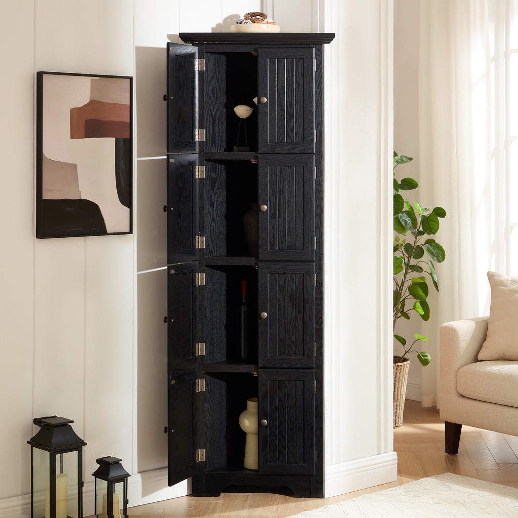 Corner pantry cabinet in matte black finish from Anthony & Home's Studio Collection, featuring shelves and storage space.