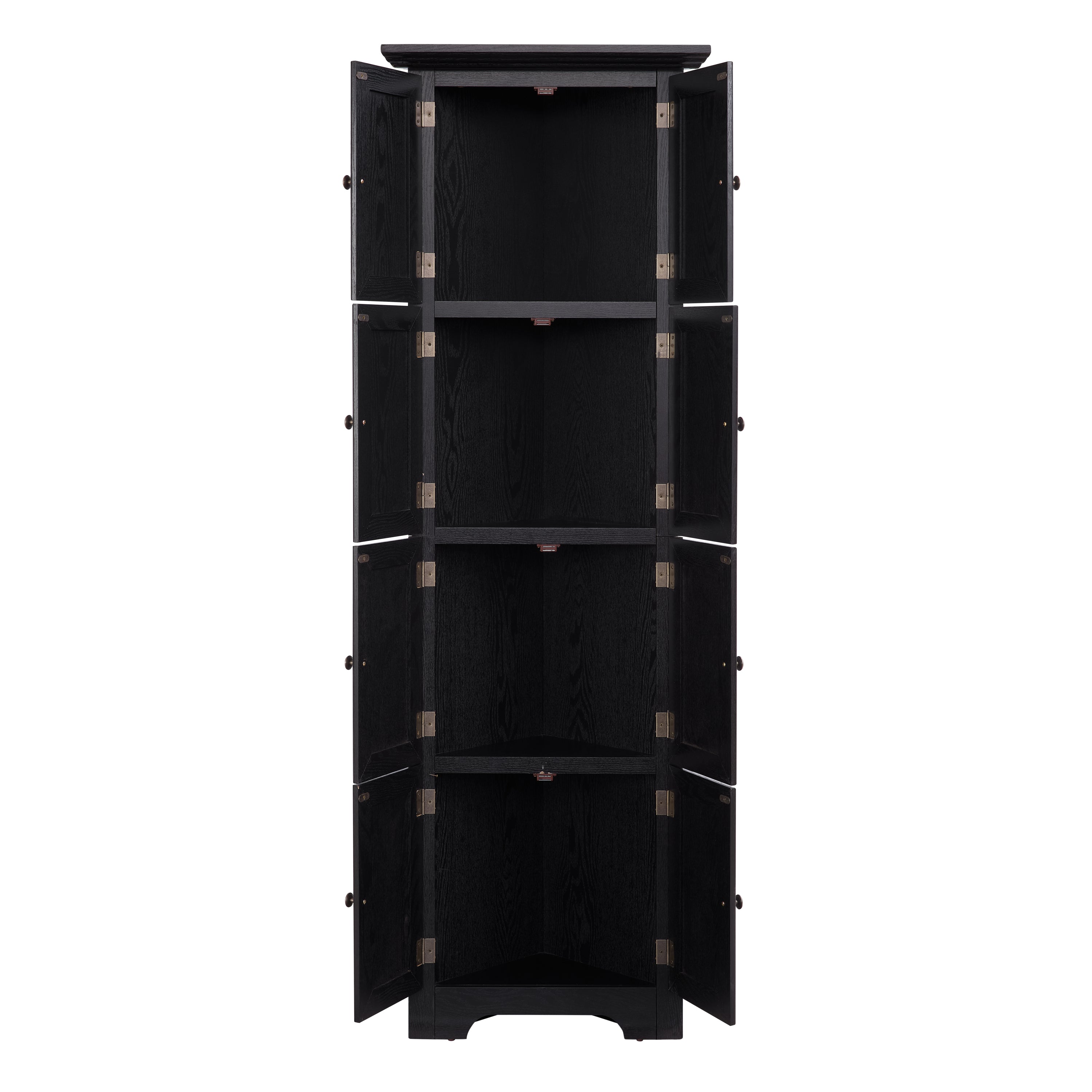 Corner pantry cabinet with matte black finish from Anthony & Home's Studio Collection, featuring storage shelves and sleek design.