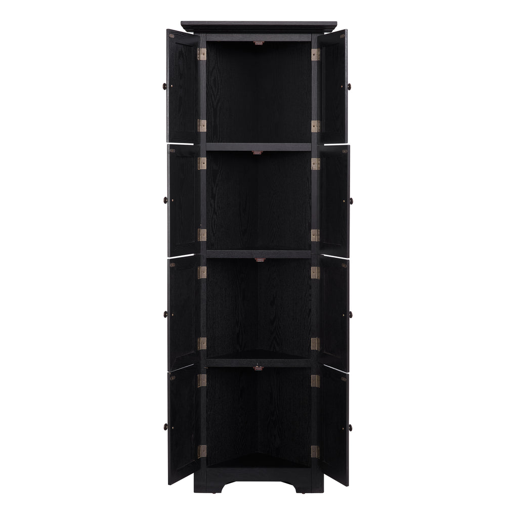 Corner pantry cabinet with matte black finish from Anthony & Home's Studio Collection, featuring storage shelves and sleek design.