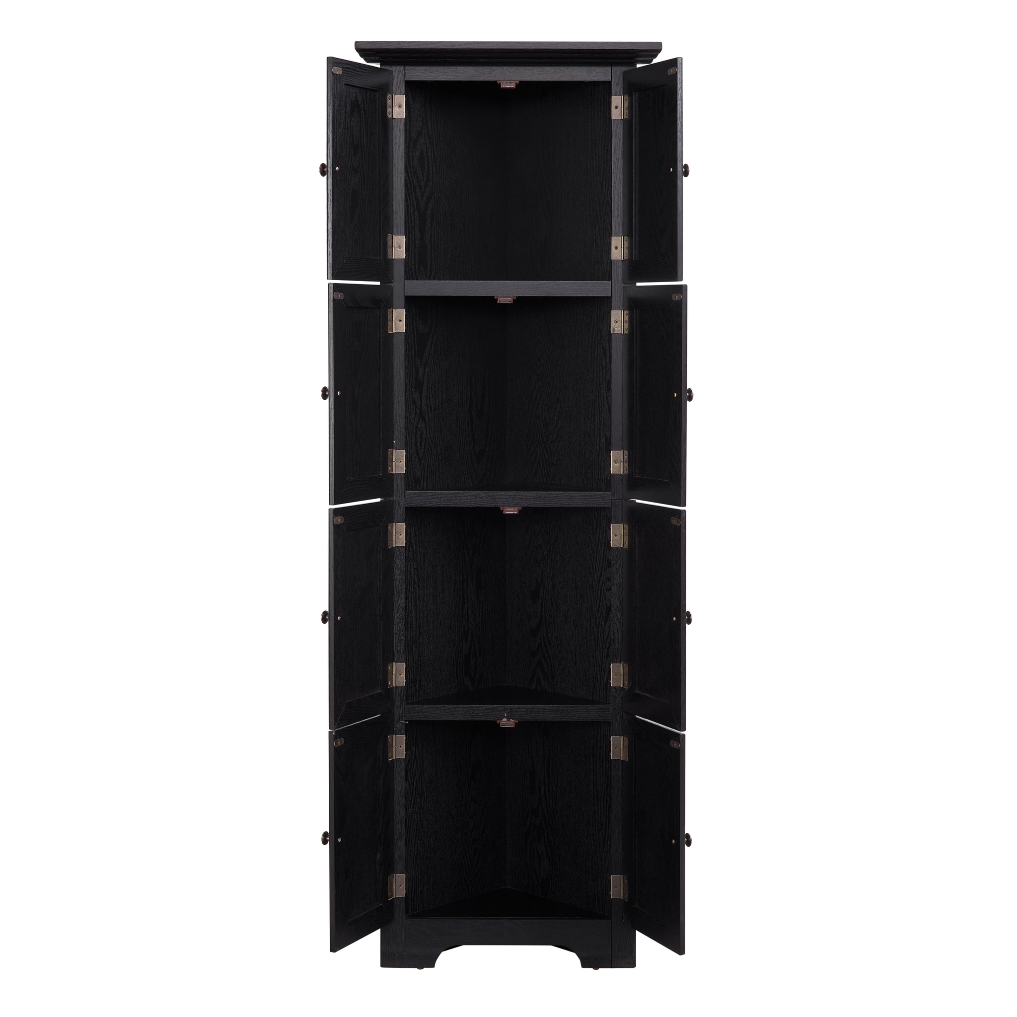Corner pantry cabinet with matte black finish from Anthony & Home's Studio Collection, featuring storage shelves and sleek design.