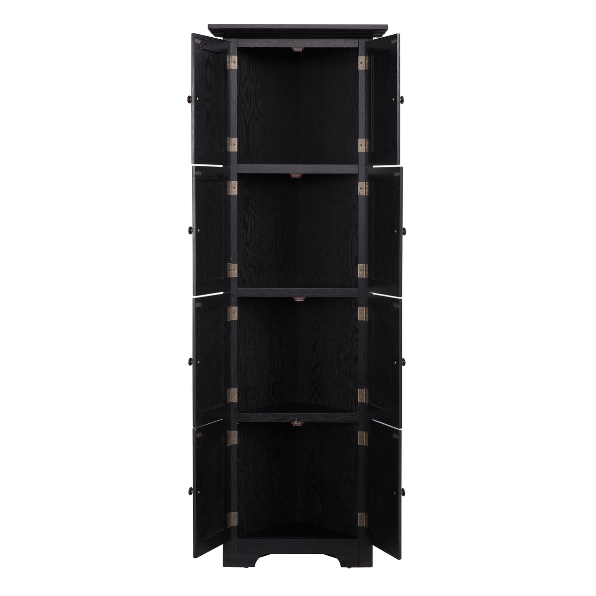Corner pantry cabinet with matte black finish from Anthony & Home's Studio Collection, featuring storage shelves and sleek design.