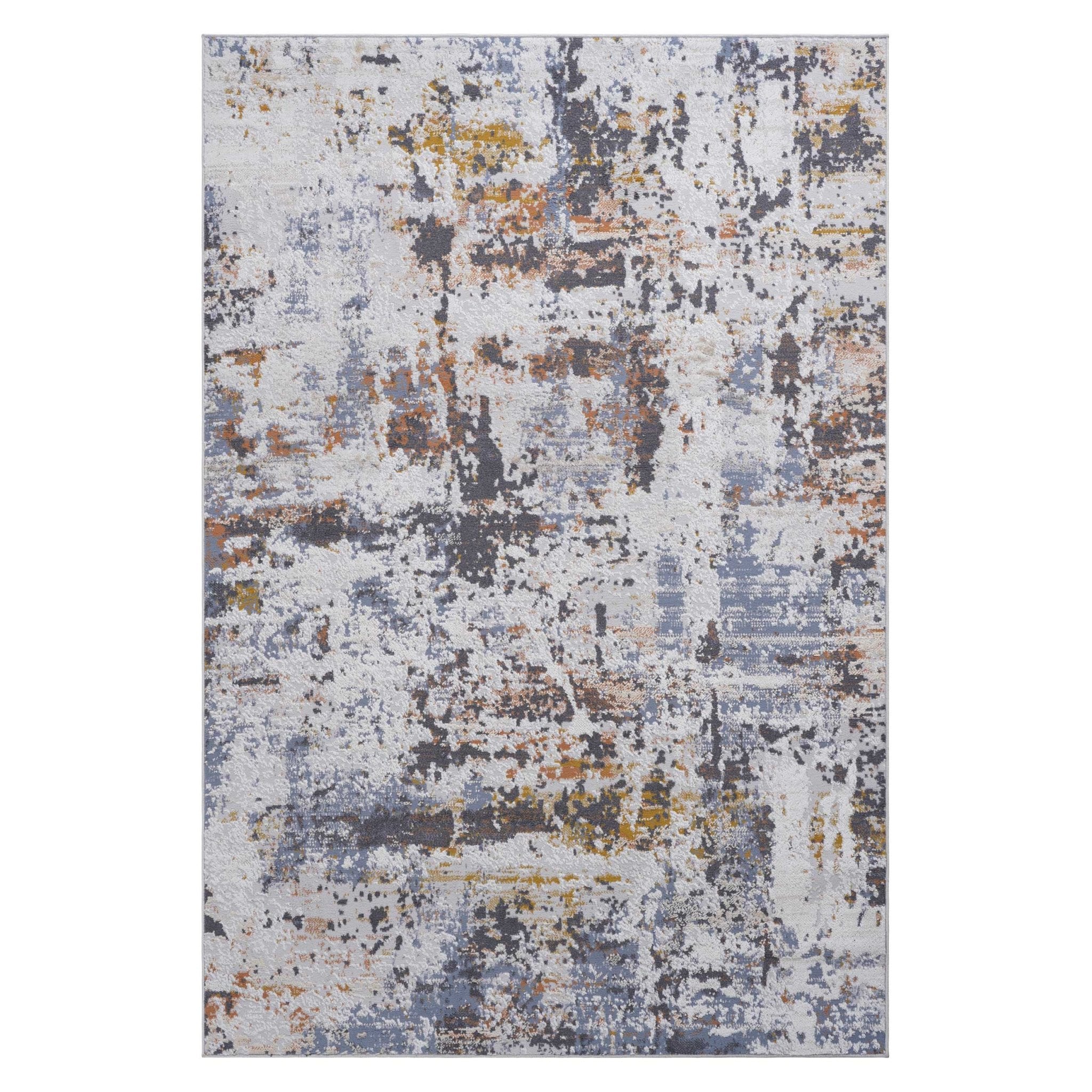 Ivory and navy abstract area rug from Anthony & Home's Loom and Luxe Collection, featuring modern geometric patterns on soft fabric.